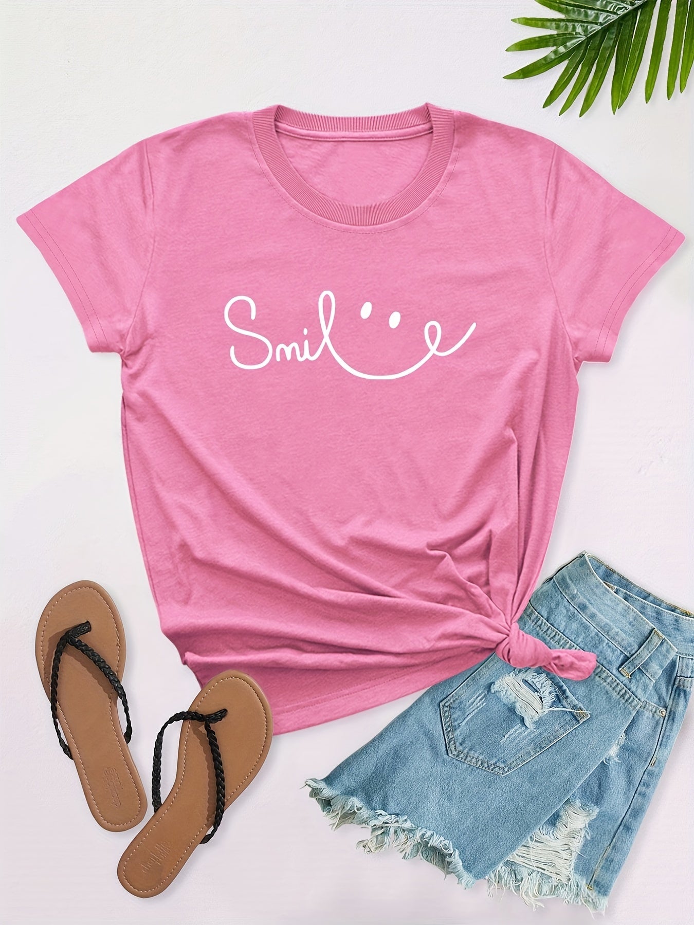 Plus Size Face Print Short Sleeve T-shirt, Women's Plus Slight Stretch Round Neck Casual Tee