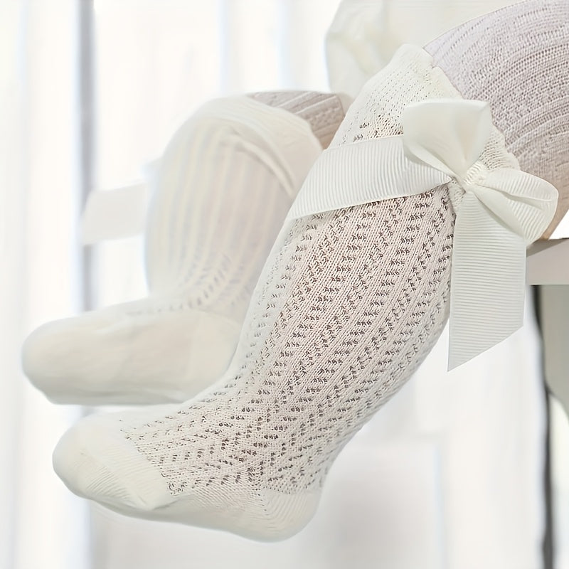 1 Pair Girls' Elegant Floral-like Bow accent - Breathable Openwork Stockings, All-Season Formal & Everyday Legwear - Easy On/Off for Toddlers & Kids (Hand Wash Only) - Birthday Party Outfit Essentials
