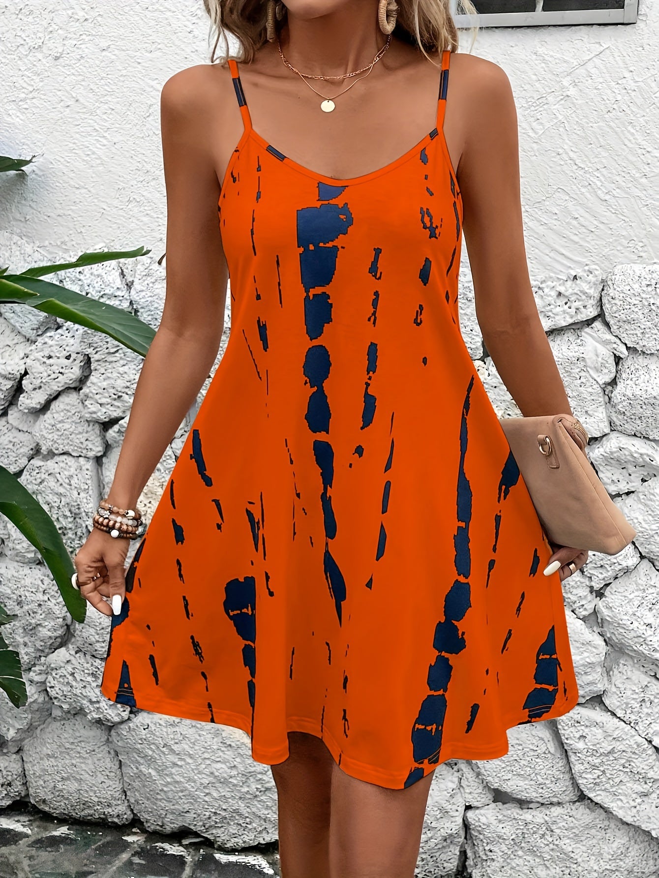 Red Printed Knit Fabric Casual Dress for Women with Spaghetti Straps