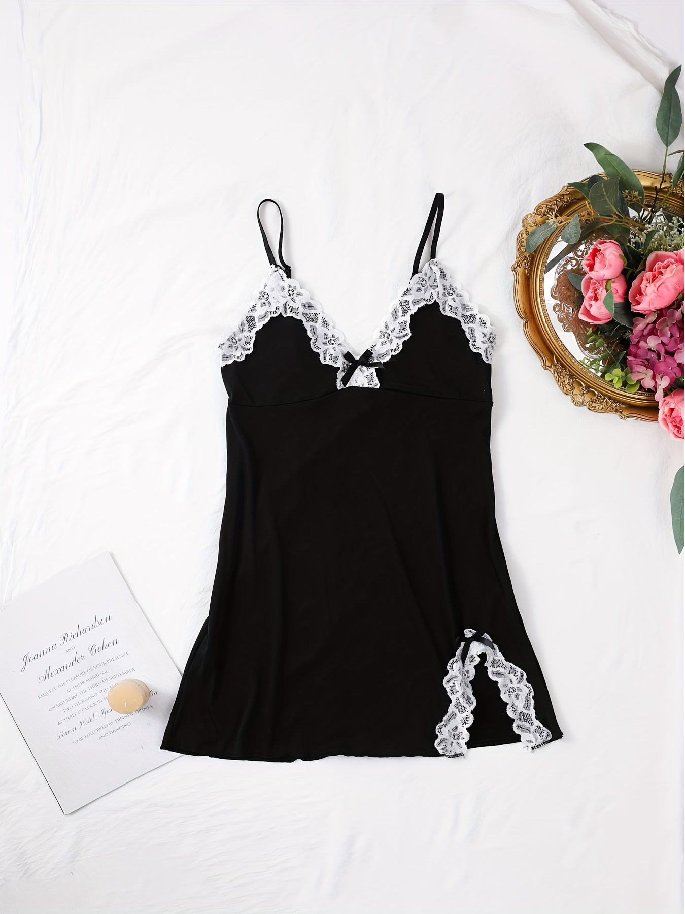 Women's Sexy Nightgown Summer Short Skirt Without Padding Lace Trim Hip-Hugging Pure Black Camisole Dress, No Thong Included