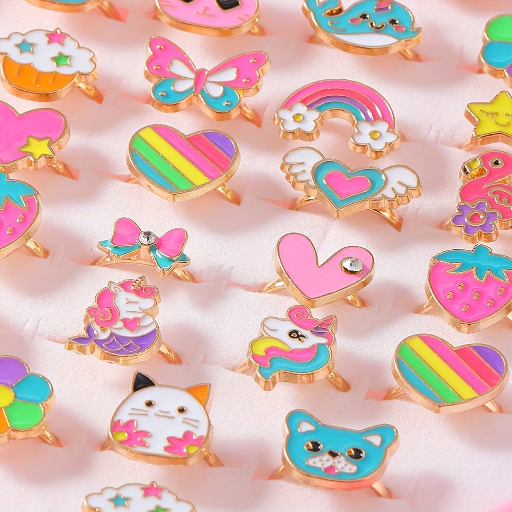 A Set Of 36 Girls' Golden Drop Oil Children's Fun Animal Rainbow Crowns Adjustable Rings