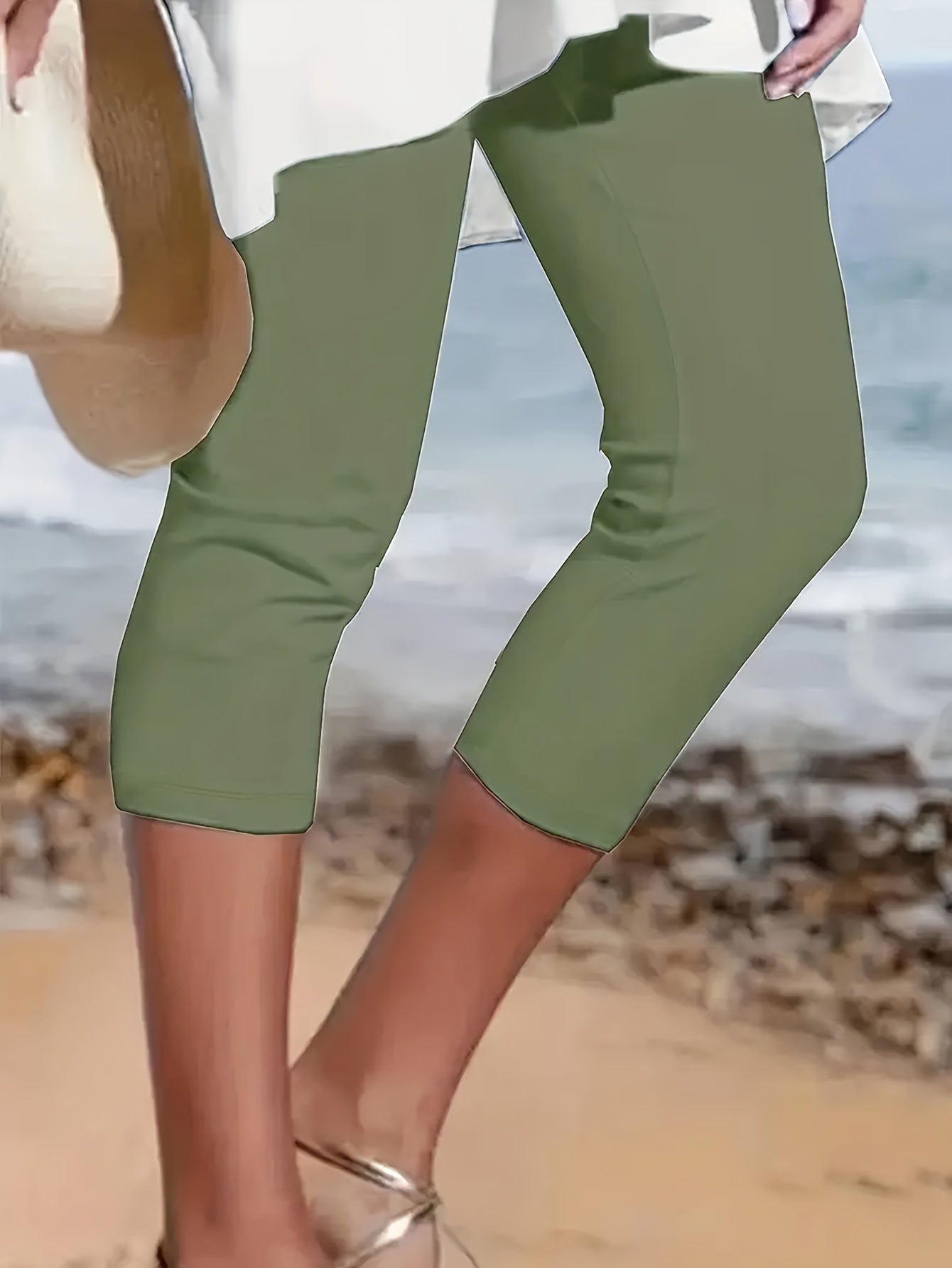 Plus Size Solid Skinny Capris Leggings, Casual Crop Leggings For Spring & Summer, Women's Plus Size Clothing