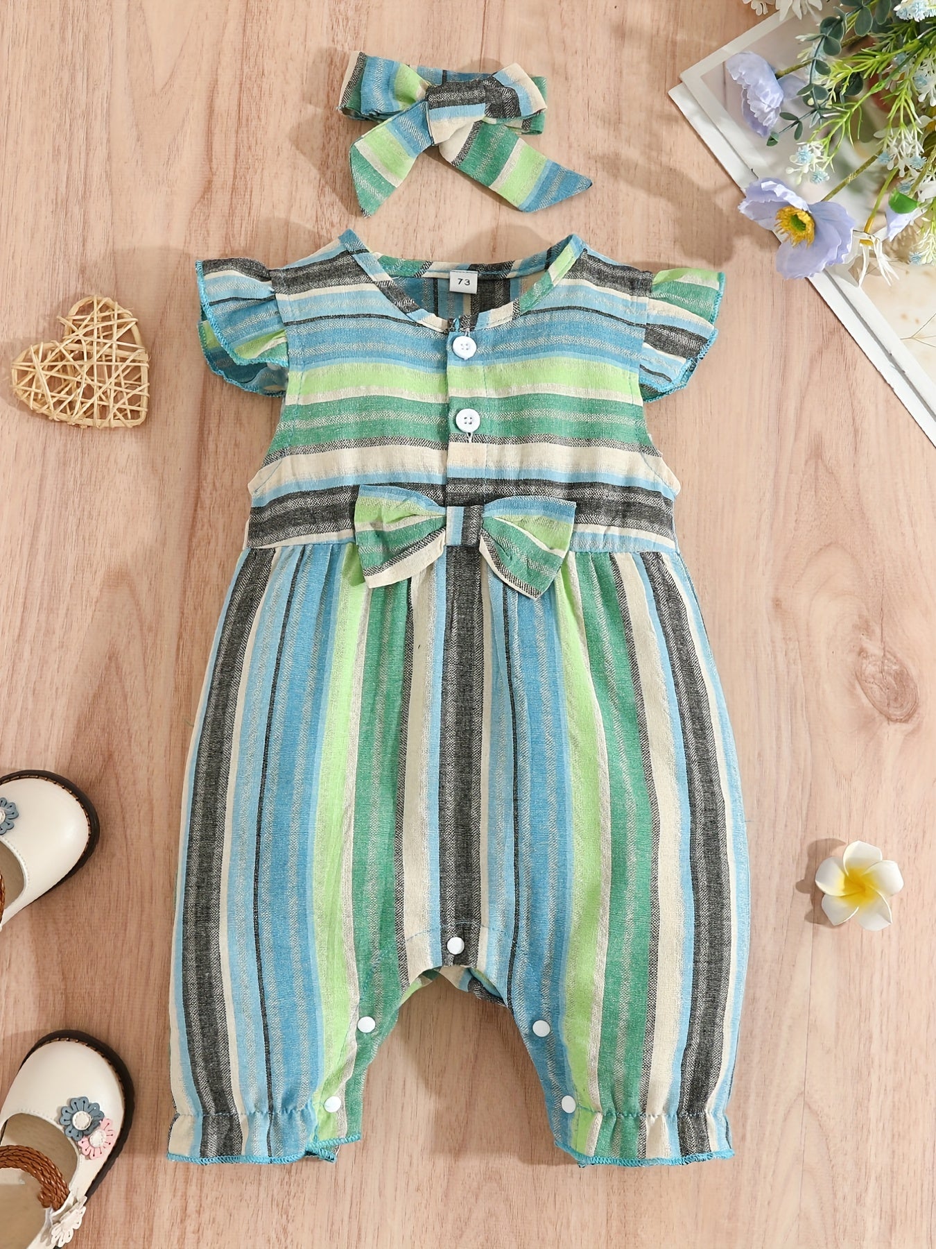 Baby Girl'S Casual Striped Romper with Bow Detail - Sleeveless Ruffled Hem, Mid-Length, Non-Stretch Fabric, Perfect for Spring/Fall, Baby Girl Outfit, Spring Baby Wear, Playful Babywear, Easy Care Clothing, for Outdoor