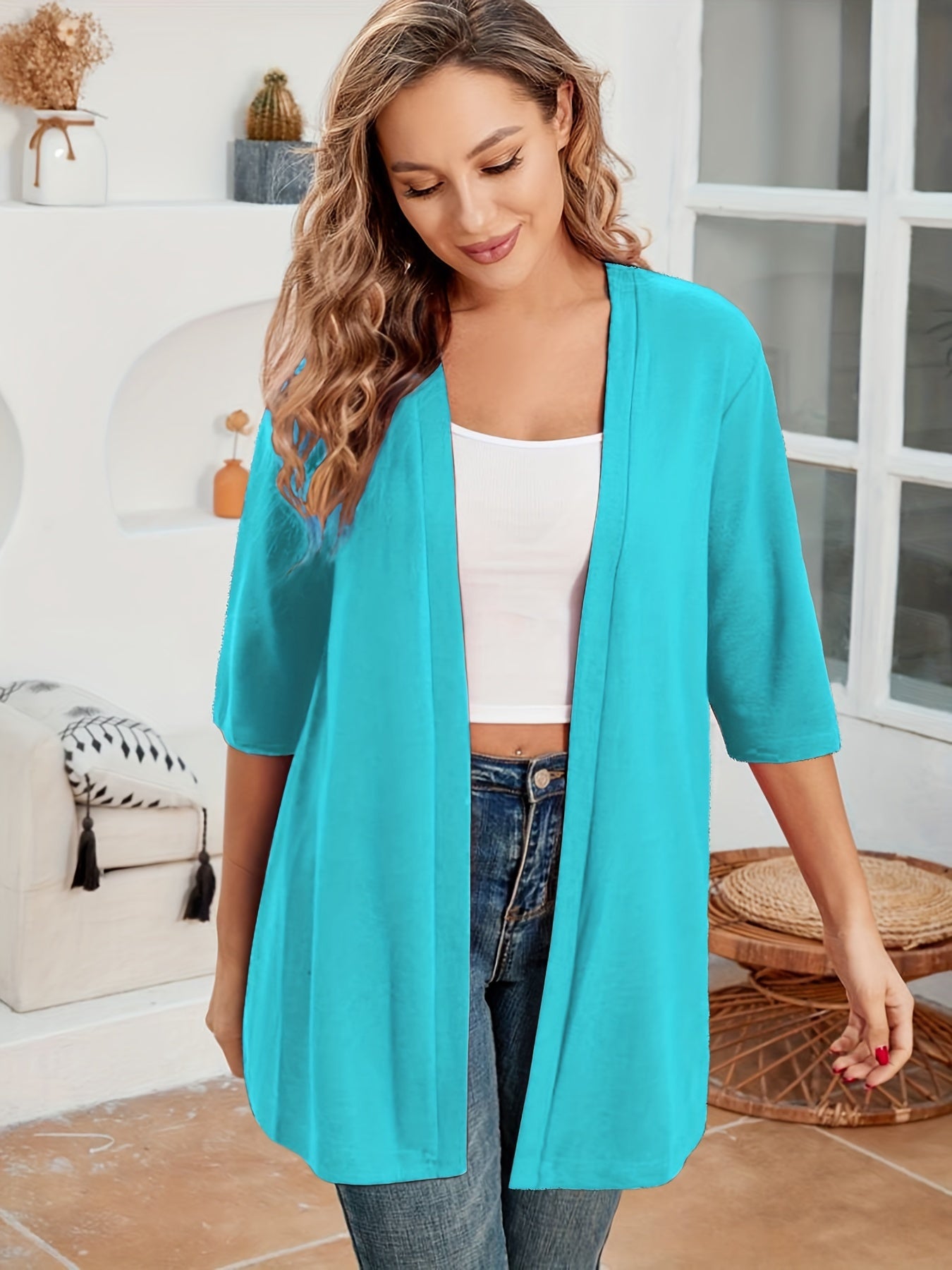Elegant Plus Size Women's Cardigan - Chic Solid Color, Half Sleeve, Open Front with High Stretch Fabric, Perfect for Fall/Winter - Machine Washable, Plus Size Cardigan