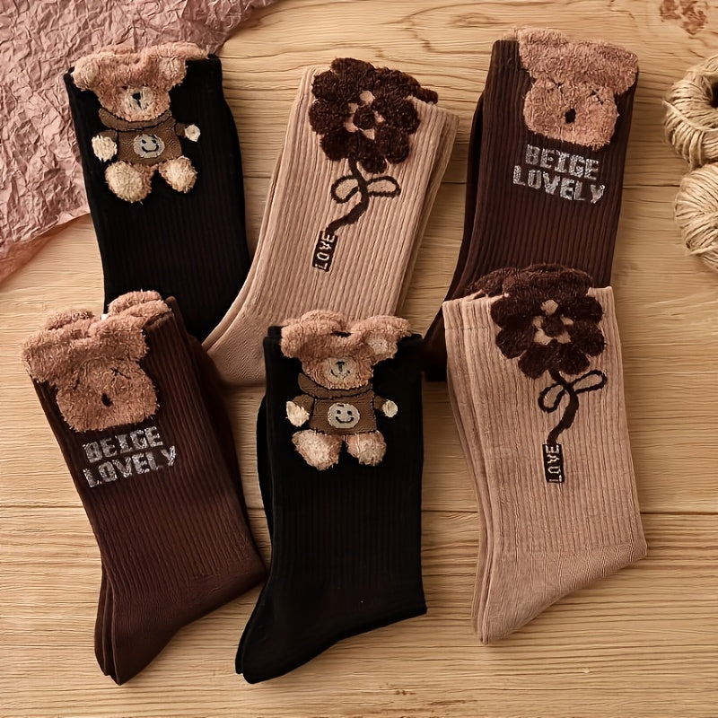 3 Pairs Women'S Mid-Calf Socks with Cartoon Bear & Floral Design - Ribbed, Soft Polyester Blend, Brown & Black, Perfect for Fall & Winter, Cute Socks