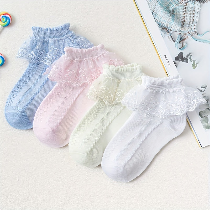 4 Pairs Of Girl's Lace Ruffle Frilly Trim Crew Socks, Breathable Comfy Dance Princess Socks