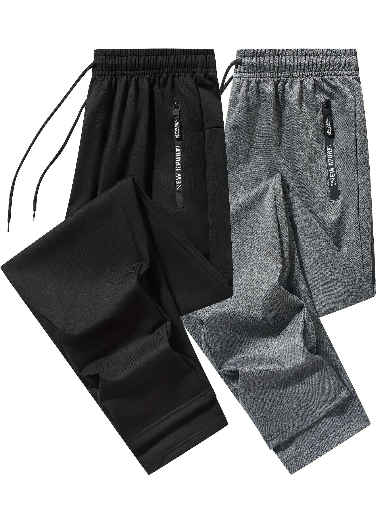 Men's 2-pack Set Of Solid Regular Fit And Cuffed Sweatpants with Letter Print Zippered Pockets And Drawstring, Athletic Joggers for All Seasons Fitness And Gym Wear