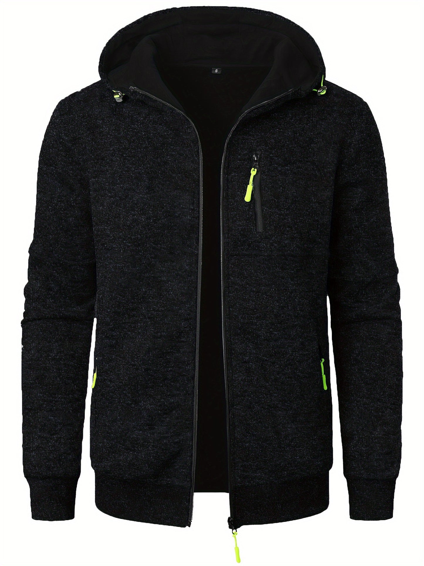Men's Autumn Winter Casual Plush Hooded Sweater - Soft Knit Zipper Front with Neon Accents, Regular Fit Long Sleeve Pullover for Cold Weather, Sweater Hoodie, Ribbed Detailing