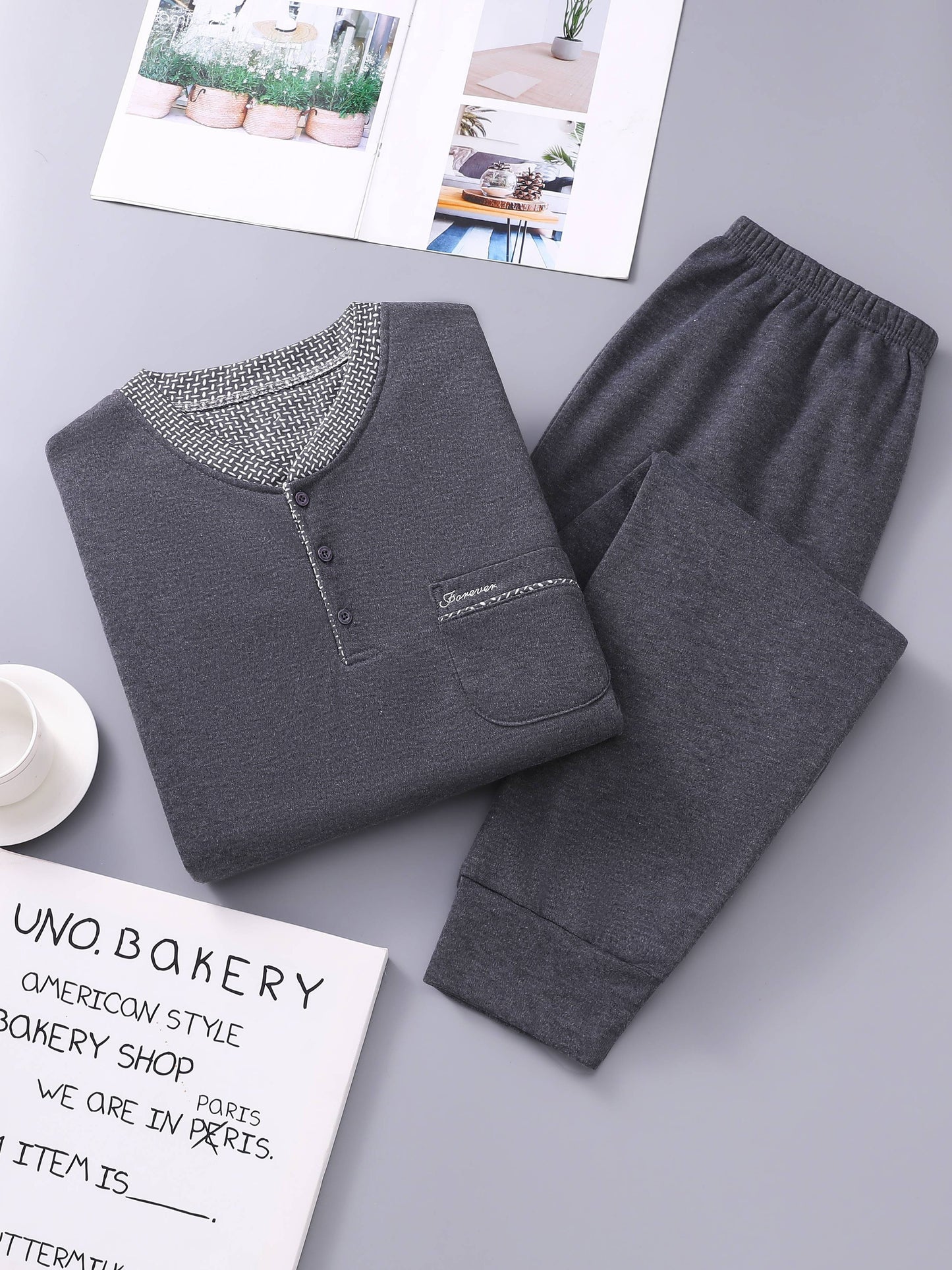 2pcs Casual Round Neck Button Up Long Sleeves Pockets Shirts Tops & Pants Sets, Men's Comfortable Pajamas Loungewear