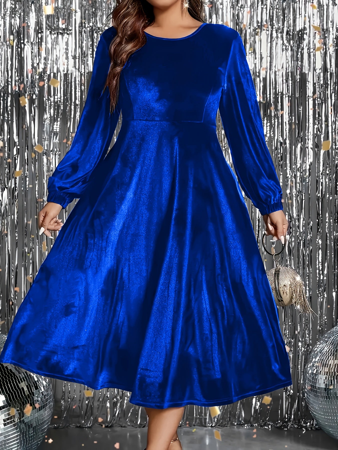 Elegant Plus Size Long Sleeve Midi Dress with Lantern Sleeves and Flared Skirt - Non-Stretch, Machine Washable Velvet, Perfect for Formal Events, Parties, and Casual Outings, Plus Size Dress