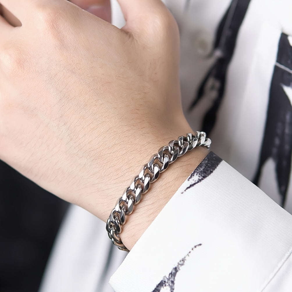 1 Stainless Steel Cuban Chain Bracelet for Men - Hip-Hop High Street Style Uncoated Metallic Finish, Durable Tarnish-Resistant Design, Versatile for Casual & Formal Wear, Modern Urban Jewelry, Formal Accessory, Contemporary Fashion, Tarnishresistant Finis