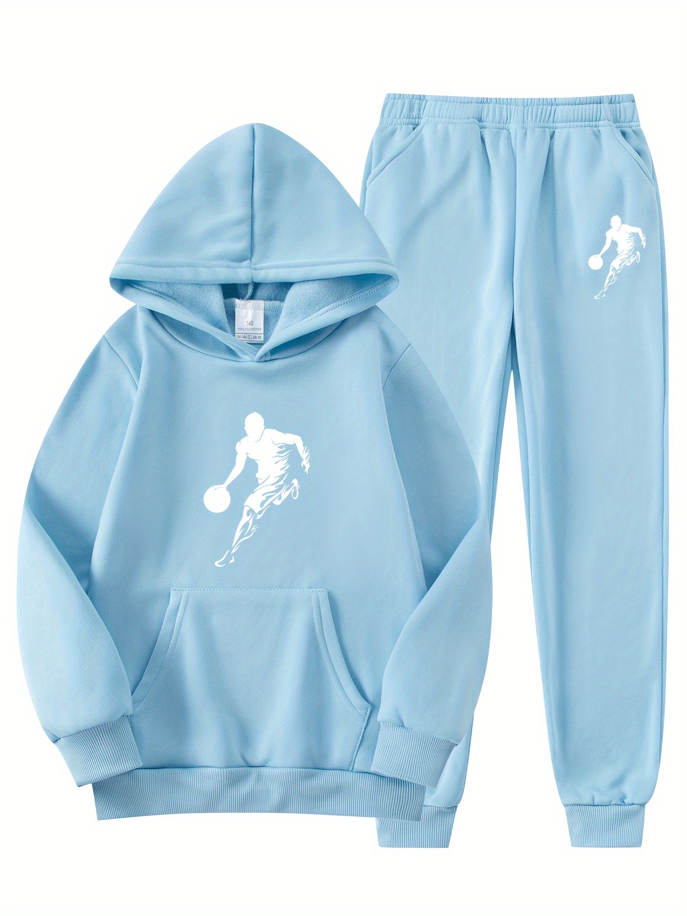 2pcs Boy's Basketball Player Print Hooded Outfit, Hoodie & Pants Set, Boys Clothes For Daily & Outdoor Wear, As Gift