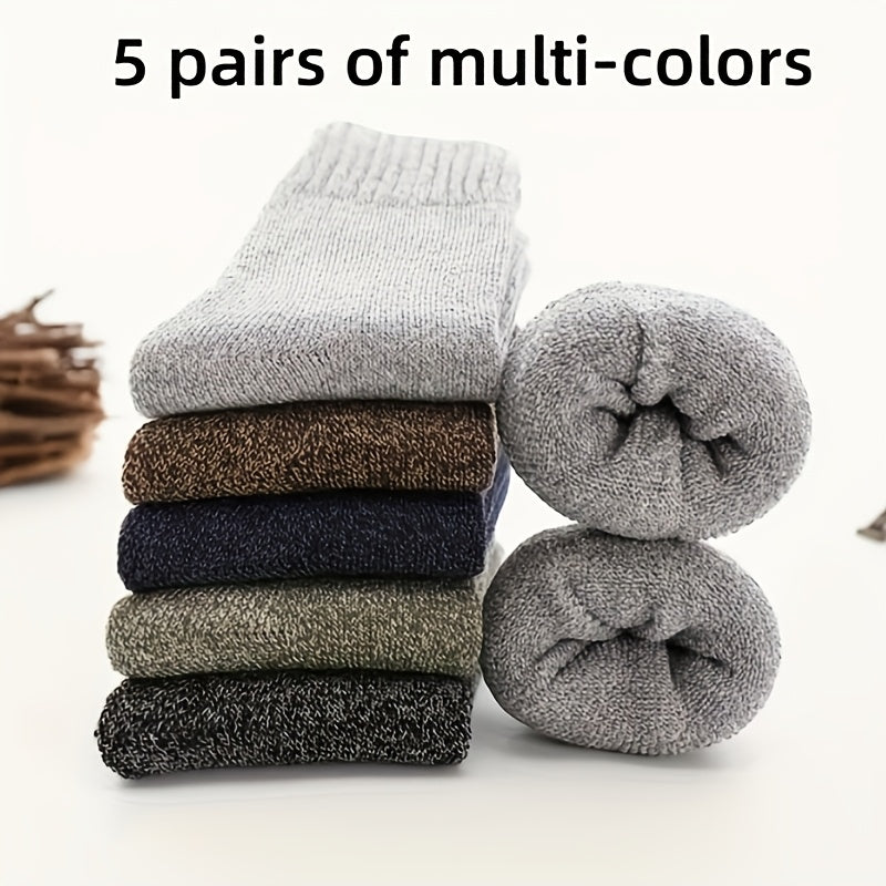 5 Pairs Men's Thick Wool Blend Socks - Cozy Mid-Calf Winter Socks in Solid Colors (Dark Gray, Light Blue, Brown, Navy Blue, Beige, White), Soft & Warm for Casual or Cold Weather, Cozy Footwear | Giftready Packaging | Quality Fabric Socks, Cute Socks