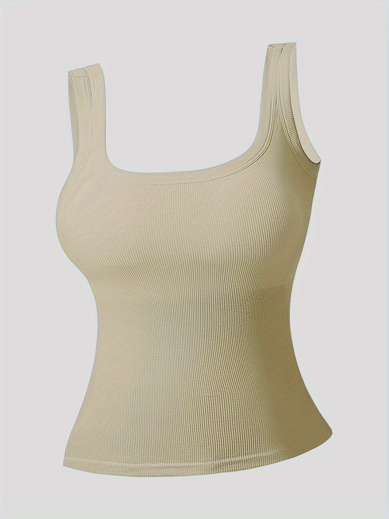 Simple Solid Square Neck Tank Top, All-match Ribbed Vest Top With Removable Chest Pad, Women's Lingerie & Underwear