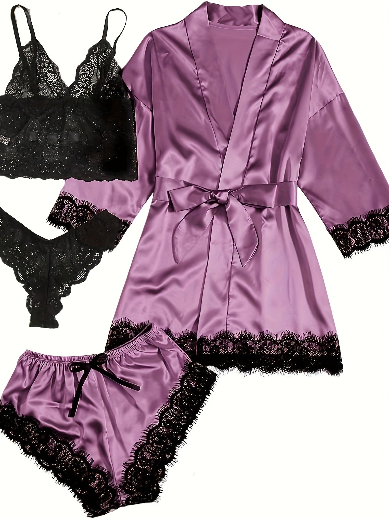 Elegant Satin Contrast Lace Lounge Set, Three Quarter Sleeve Robe With Belt & Cami Bra & Panty & Elastic Shorts, Women's Loungewear