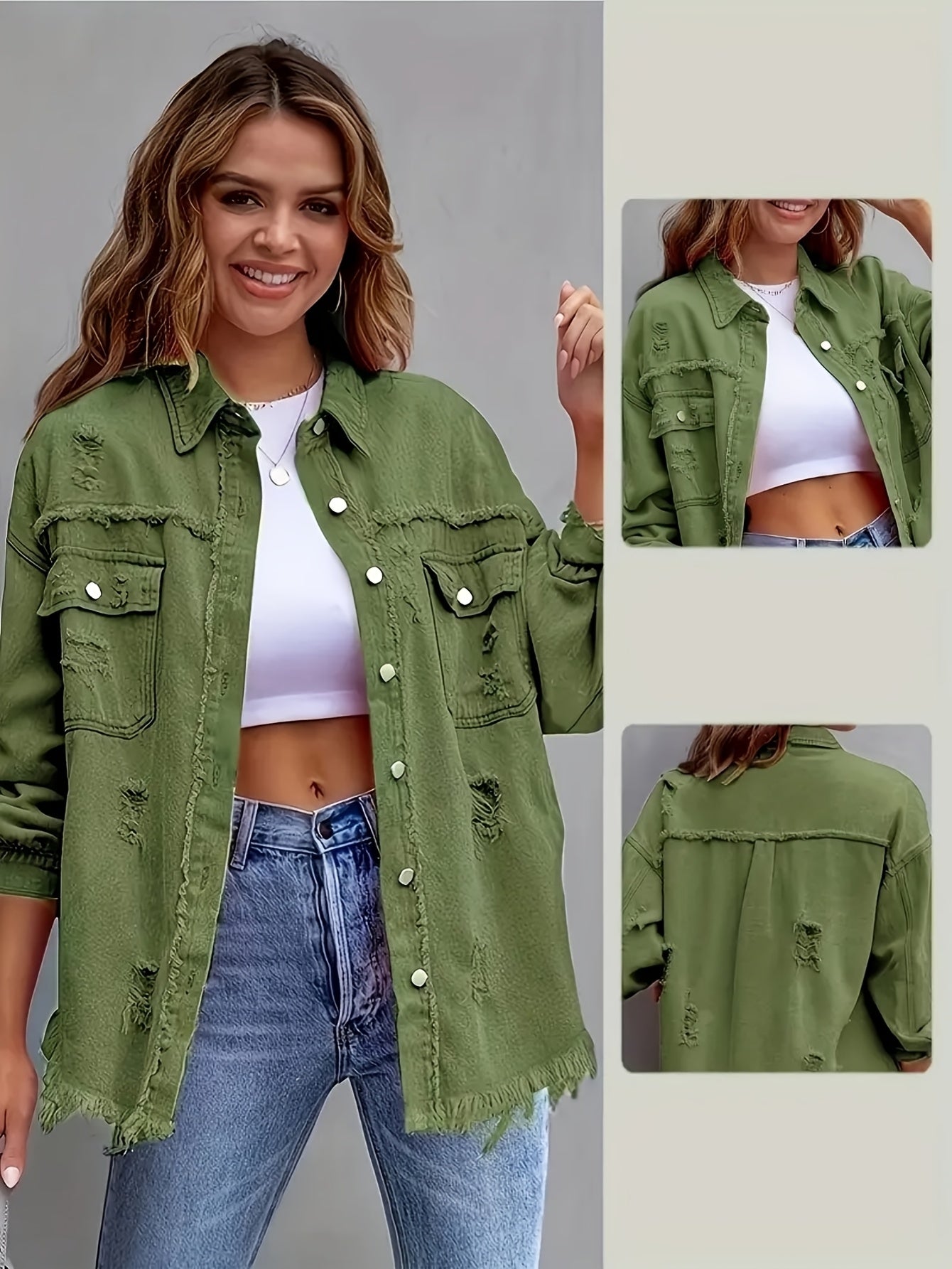 Women'S Plus Size Boho-Chic Denim Jacket with Distressed Details - Light Blue Oversized Button-Up Outerwear, Long Sleeves, Frayed Hem, Casual Style for All Seasons, Casual Outerwear | Frayed Hem Jacket | Frayed Hem Jacket