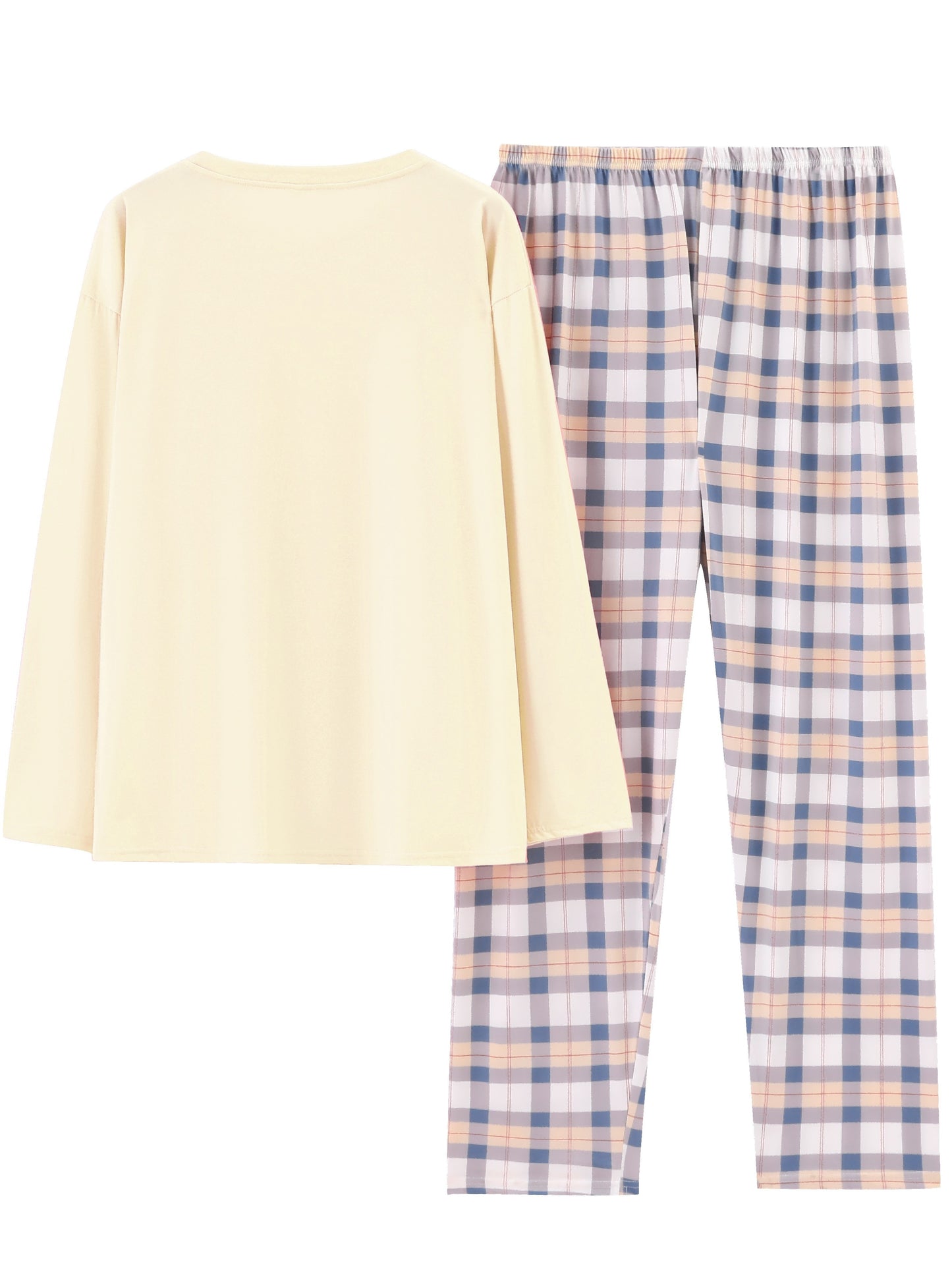 Plus Size Casual Pajamas Set, Women's Plus Soft Long Sleeve Tee & Plaid Pants Comfort Loungewear 2pcs Set, Women Plus Size Two Piece Set