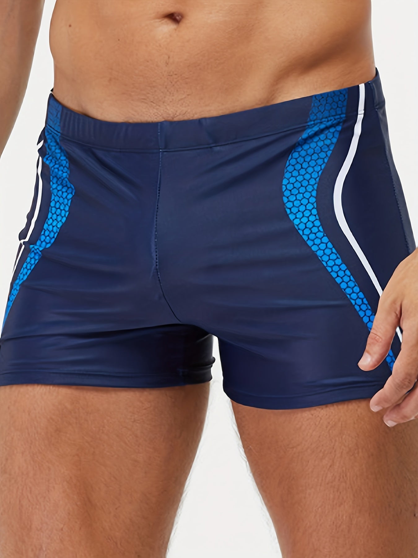 Men'S Stylish Black Swim Trunks with White & Blue Accents - Stretchy, Asymmetrical Design for Beach, Pool, and Gym - No Belt Needed, Adult Size, Swimwear|Modern Swimwear|Stretchy Material