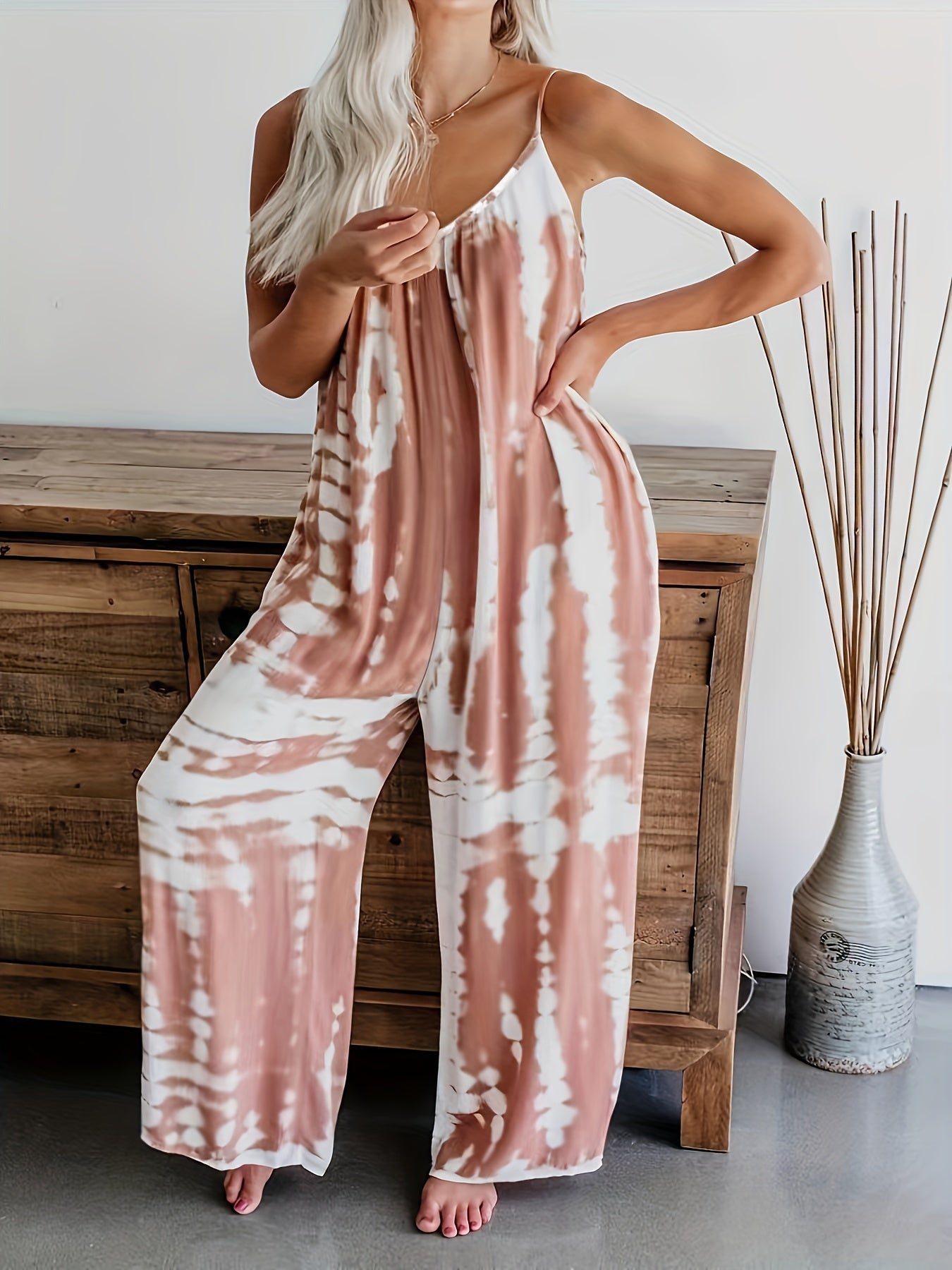 Women's Casual Tie-Dye Cami Jumpsuit - Sexy Wide Leg, Sleeveless, Vibrant Orange and Brown Print, Perfect for Spring/Summer/Fall