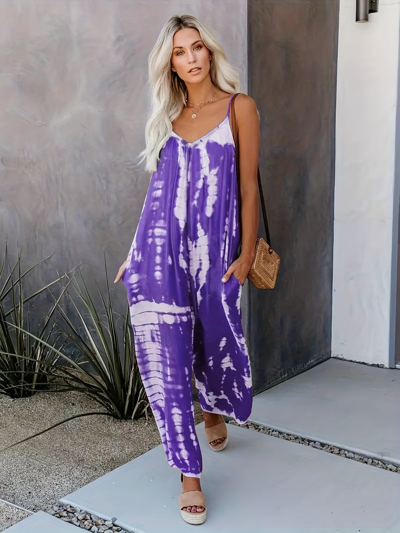 Women's Casual Tie-Dye Cami Jumpsuit - Sexy Wide Leg, Sleeveless, Vibrant Orange and Brown Print, Perfect for Spring/Summer/Fall