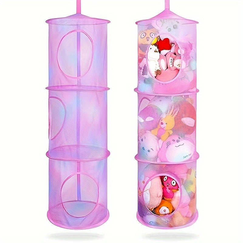 3-Tier Hanging Organizer with Open Cage Design - Stackable Storage Basket, Pastel Pink, Space-Saving Vertical Organizer for Plush Animals, Toys, Bras, Hanging Baskets - Durable Polyester Hanging Net for Home, Closet, Bathroom - Easy Hang Chains Included,
