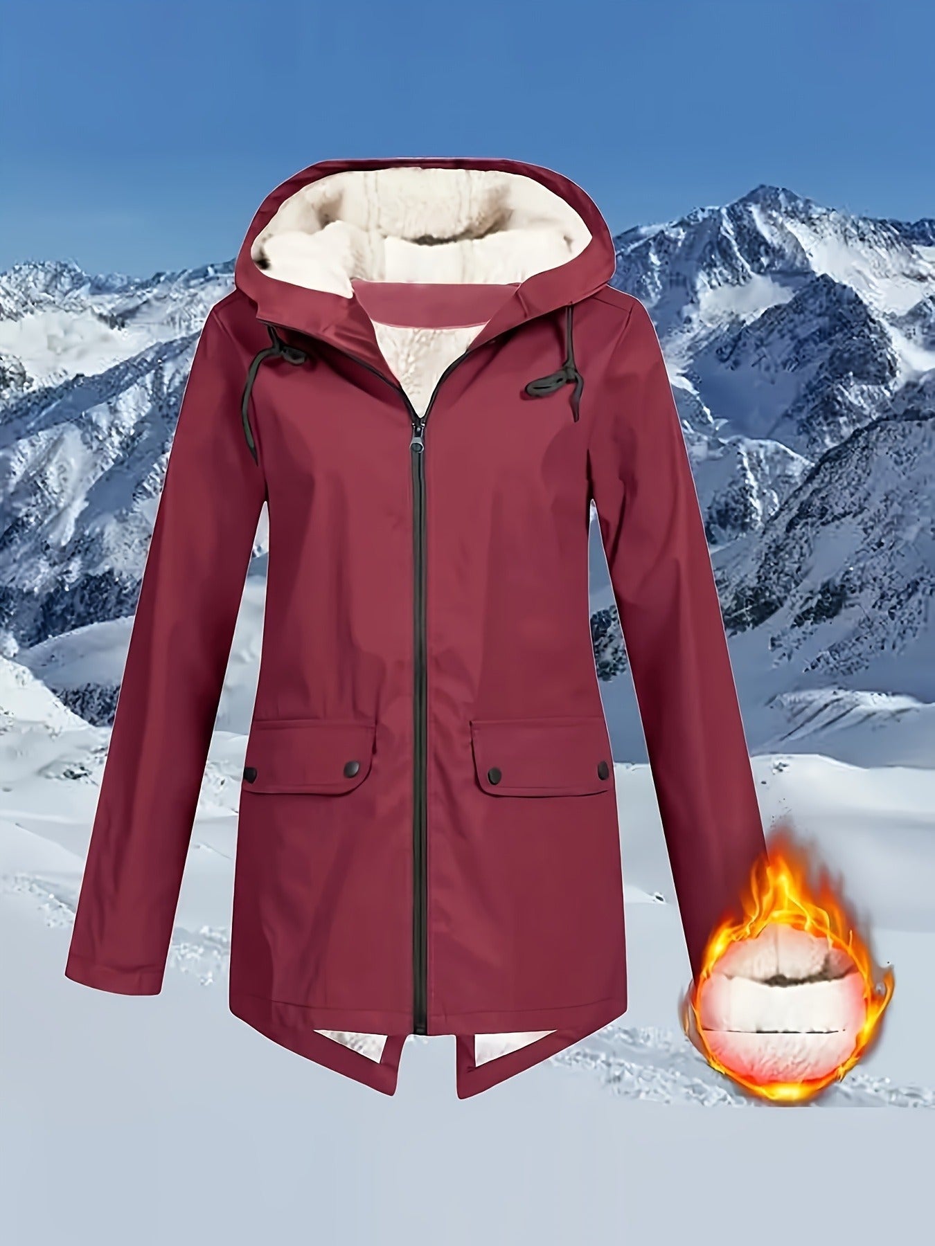 Women's Plus Size High Quality Fleece-Lined Hooded Jacket - White Long Sleeve Winter Coat with Pockets, Warm & Versatile for Outdoor Adventures, Winter Jacket