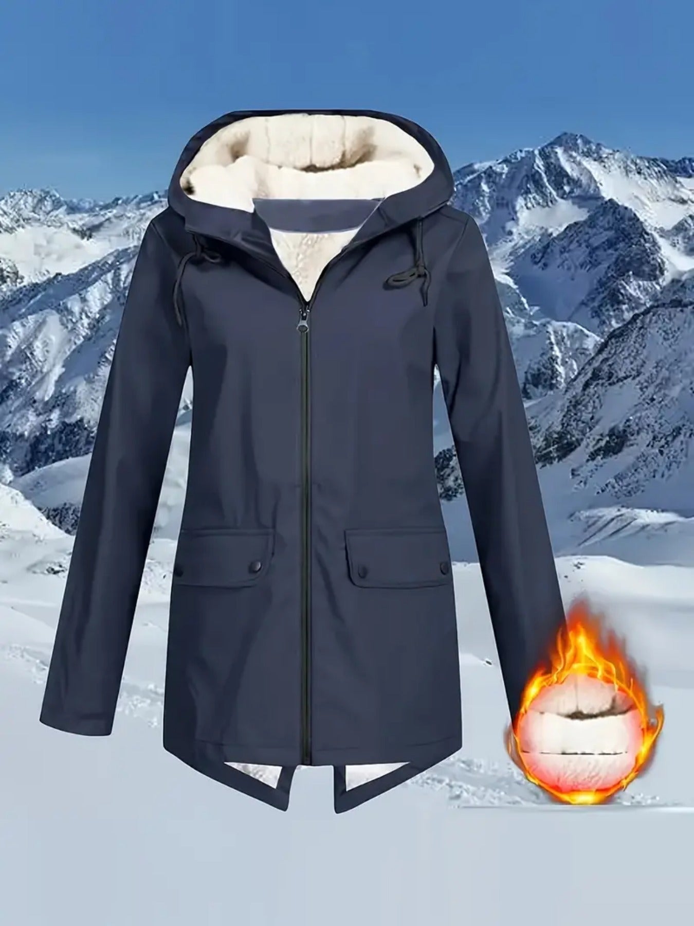 Women's Plus Size High Quality Fleece-Lined Hooded Jacket - White Long Sleeve Winter Coat with Pockets, Warm & Versatile for Outdoor Adventures, Winter Jacket