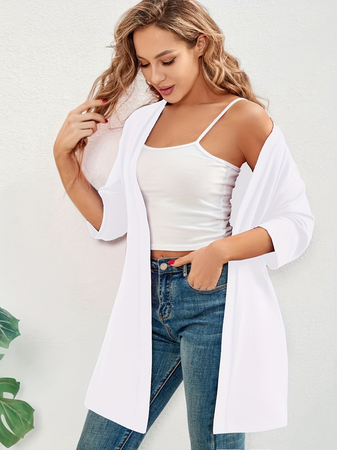 Elegant Plus Size Women's Cardigan - Chic Solid Color, Half Sleeve, Open Front with High Stretch Fabric, Perfect for Fall/Winter - Machine Washable, Plus Size Cardigan