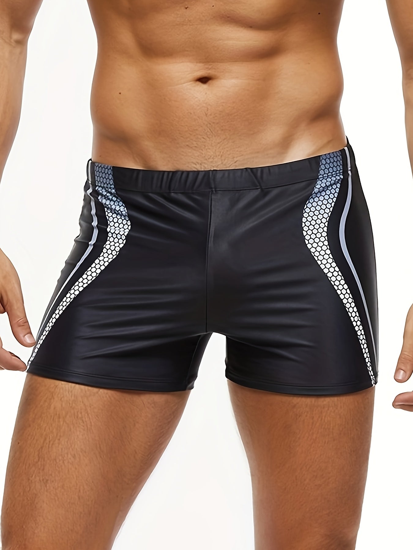 Men'S Stylish Black Swim Trunks with White & Blue Accents - Stretchy, Asymmetrical Design for Beach, Pool, and Gym - No Belt Needed, Adult Size, Swimwear|Modern Swimwear|Stretchy Material