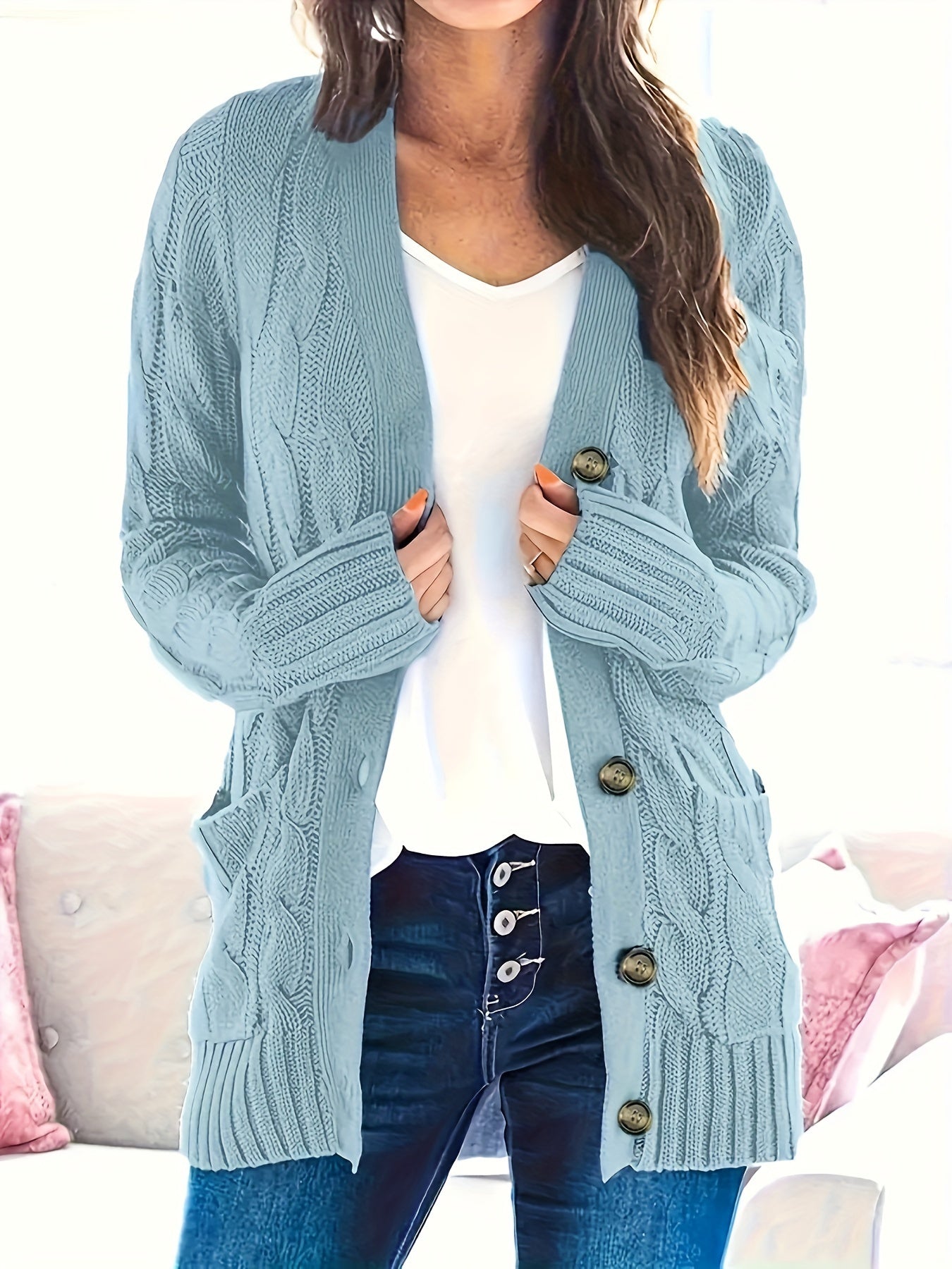 Plus Size Casual Cardigan, Women's Plus Cable Knit Long Sleeve Button Up High Stretch Cardigan With Pockets