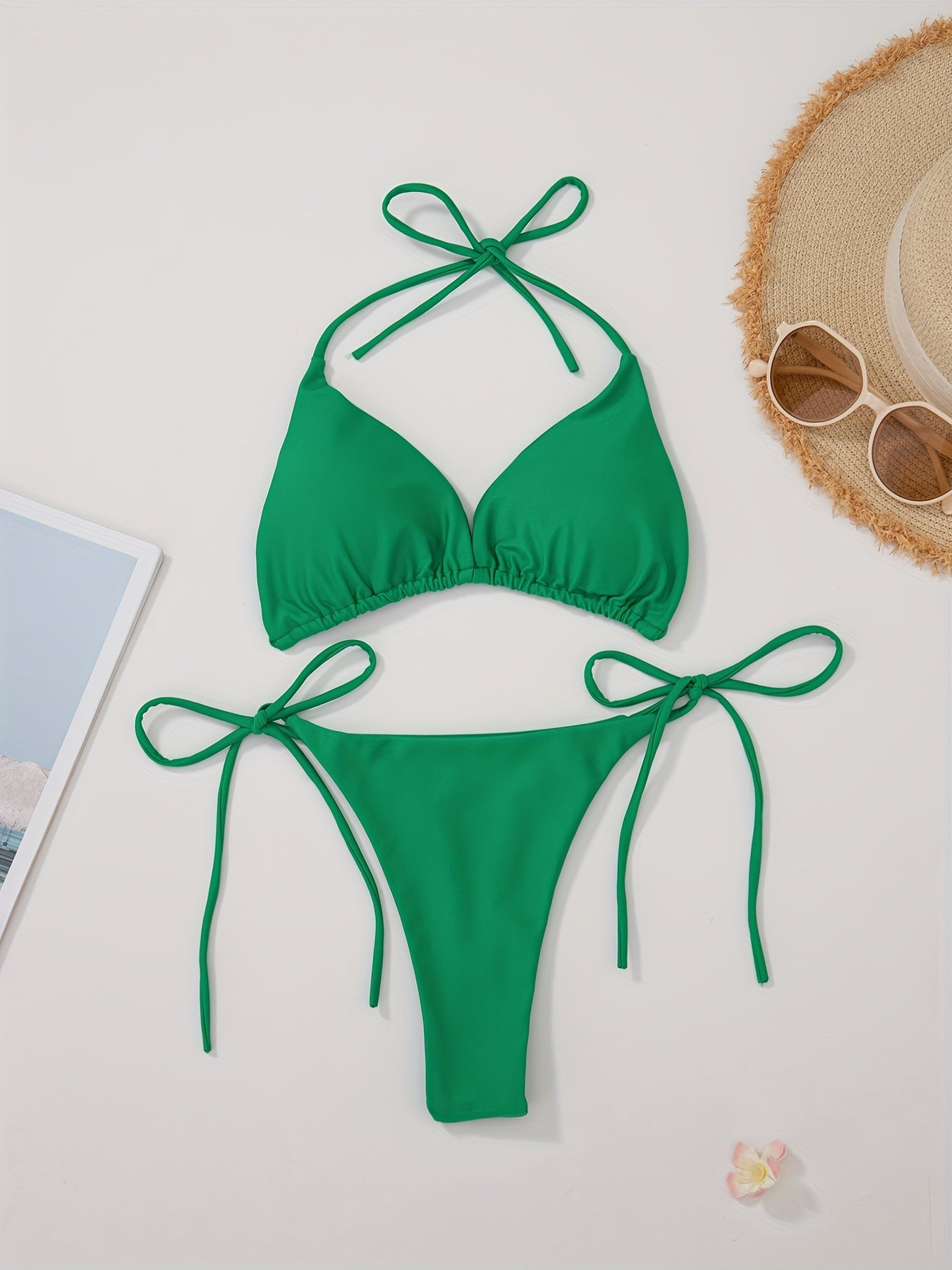 Women'S Sexy Bikini Swimsuit - V-Neck Sleeveless High-Stretch Solid Color with Adjustable Tie-Back Straps, Tummy Control Design for Beach & Pool, Summer Swimwear, Beach Swimwear, Poolside Attire, Sexy Swimwear, Highelasticity Fabric