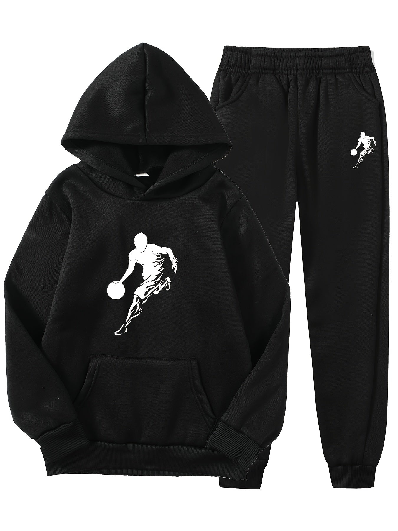 2pcs Boy's Basketball Player Print Hooded Outfit, Hoodie & Pants Set, Boys Clothes For Daily & Outdoor Wear, As Gift