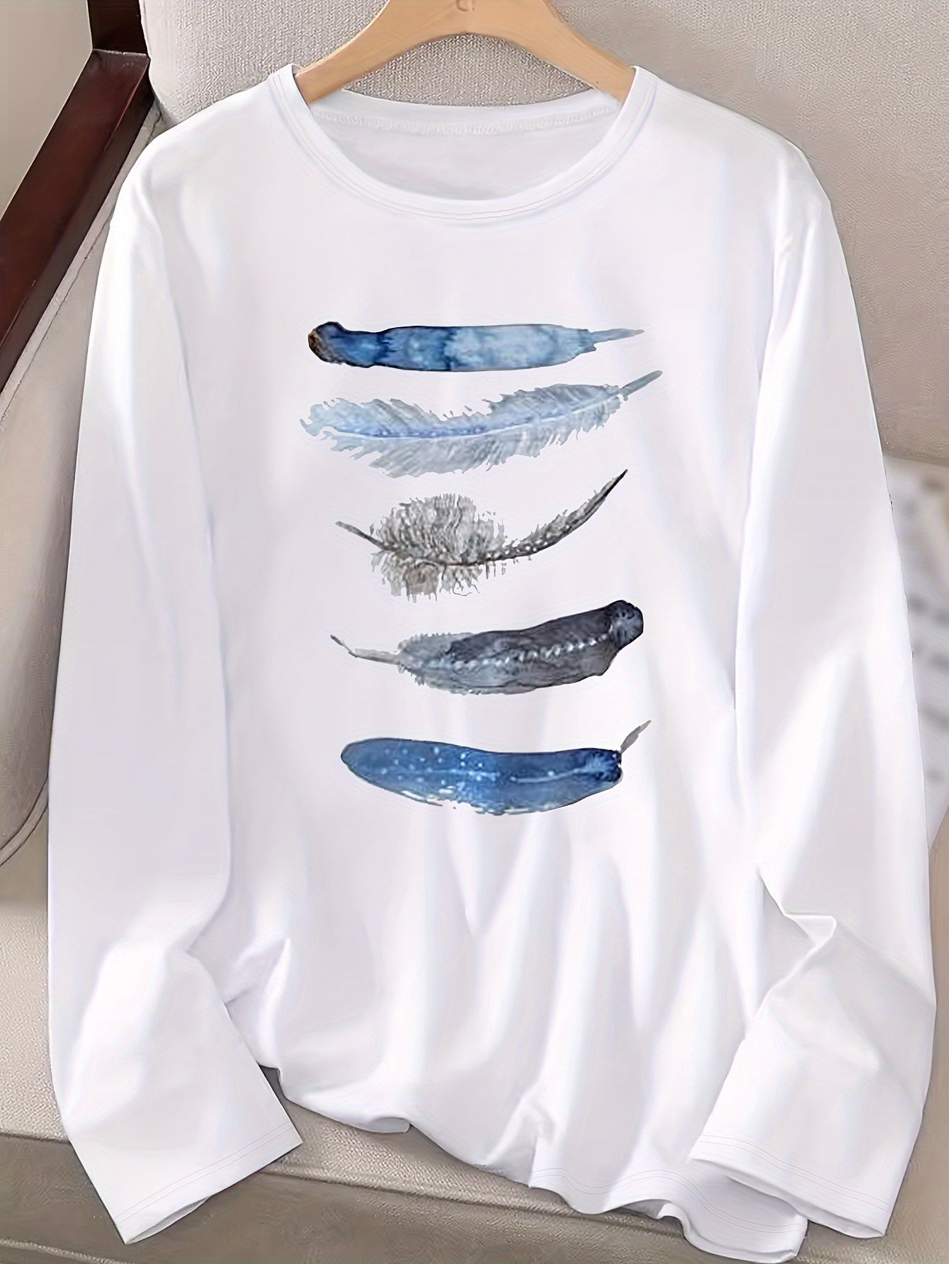 Women's Casual Appliqué Sleeve Top - Black with Blue & White Feathers, Round Neck, Medium Stretch, Machine Washable, Spring/Fall Fashion