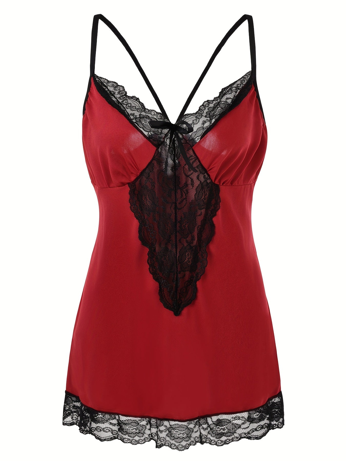 Plus Size Sexy Nightdress, Women's Plus Comfort Soft Contrast Lace Criss Cross Back V Neck Cami Sleep Dress With Free Underwear
