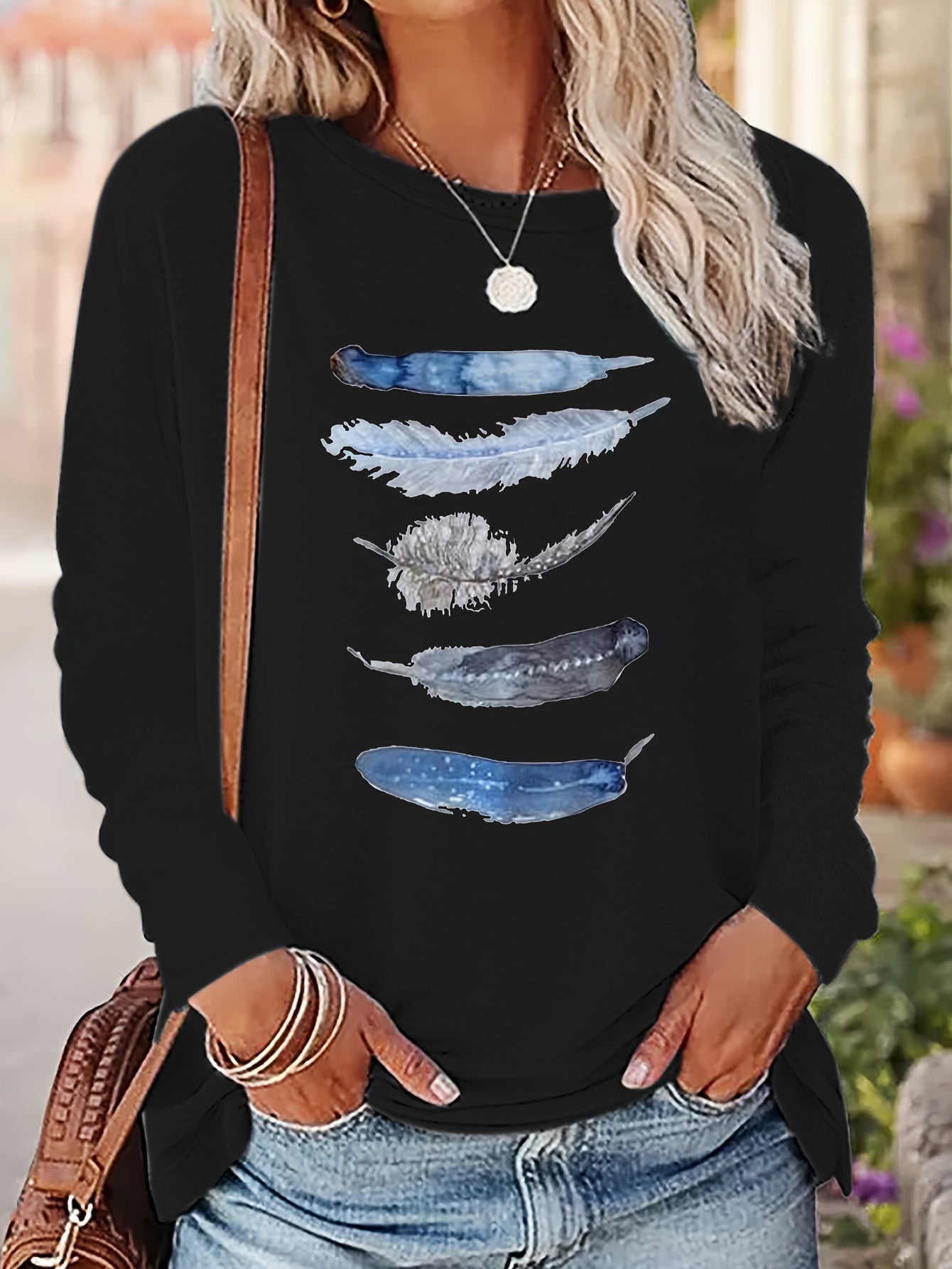 Women's Casual Appliqué Sleeve Top - Black with Blue & White Feathers, Round Neck, Medium Stretch, Machine Washable, Spring/Fall Fashion