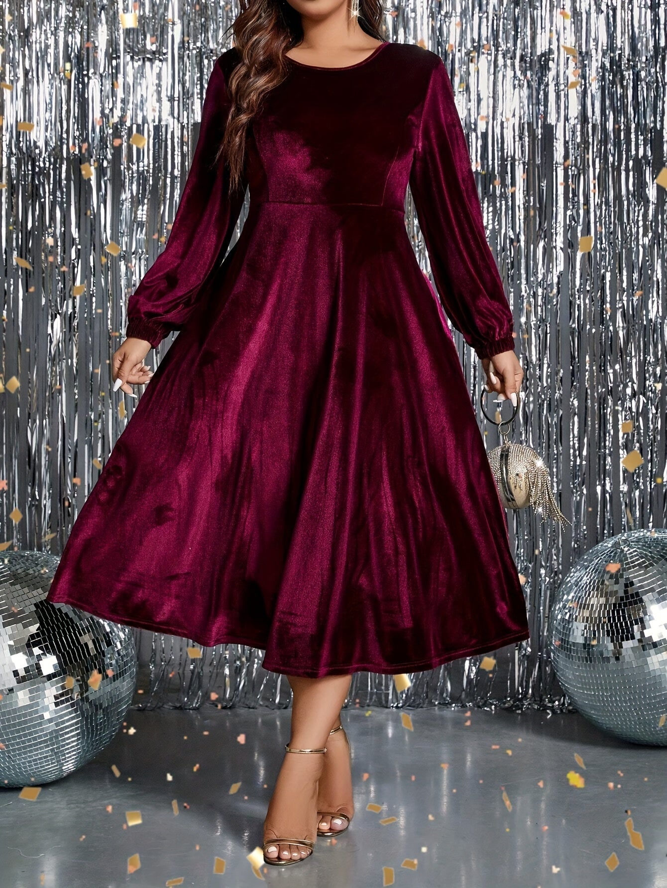 Elegant Plus Size Long Sleeve Midi Dress with Lantern Sleeves and Flared Skirt - Non-Stretch, Machine Washable Velvet, Perfect for Formal Events, Parties, and Casual Outings, Plus Size Dress