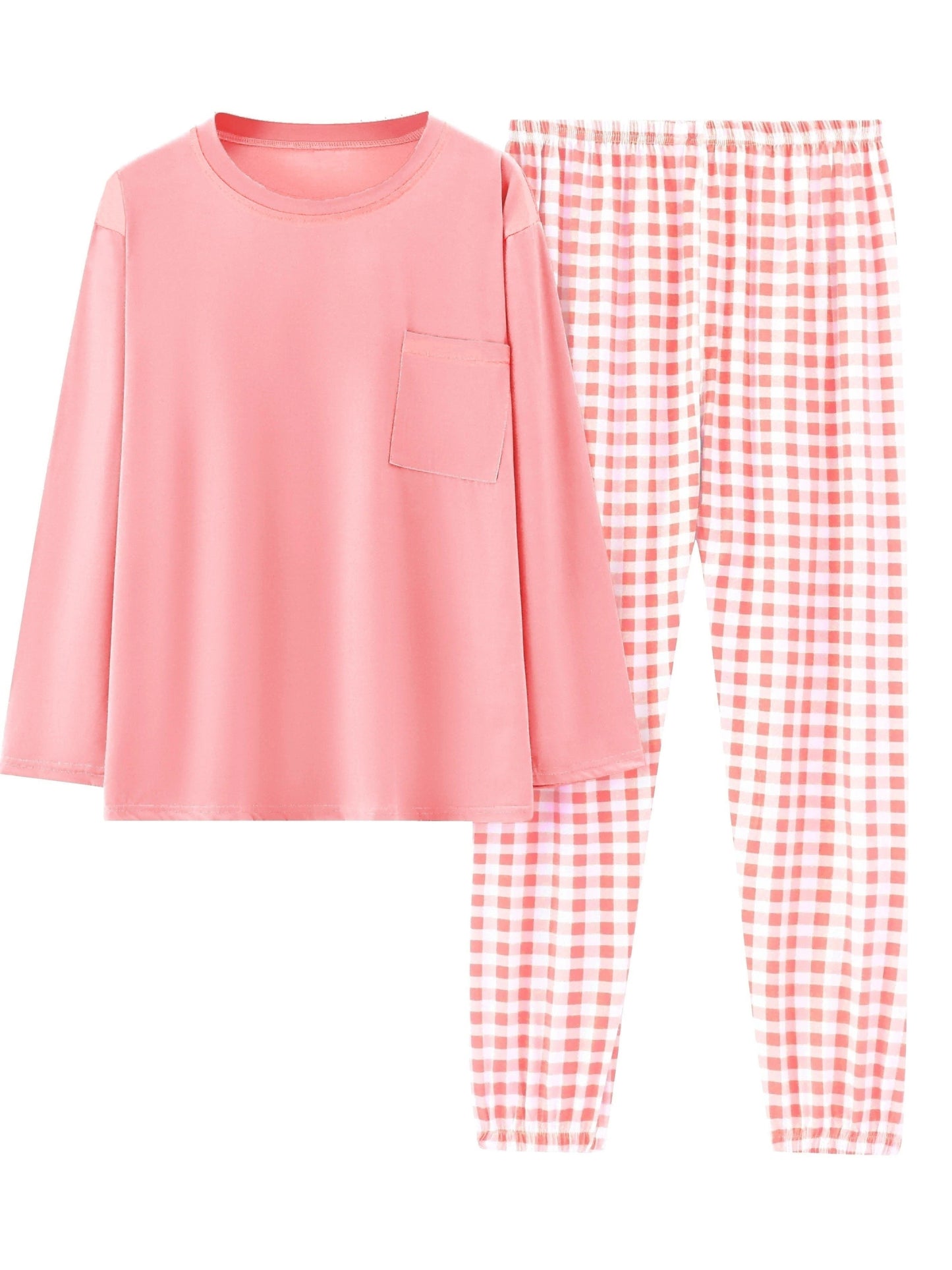 Women'S Plus Size Pink Plaid Pajama Set - Casual Long Sleeve and Pants Loungewear with Pockets, Stretchy Polyester Fabric, Perfect for Spring & Fall, Plus Size Loungewear | Checkered Pattern | Polyester Fabric, Loungewear Pajamas