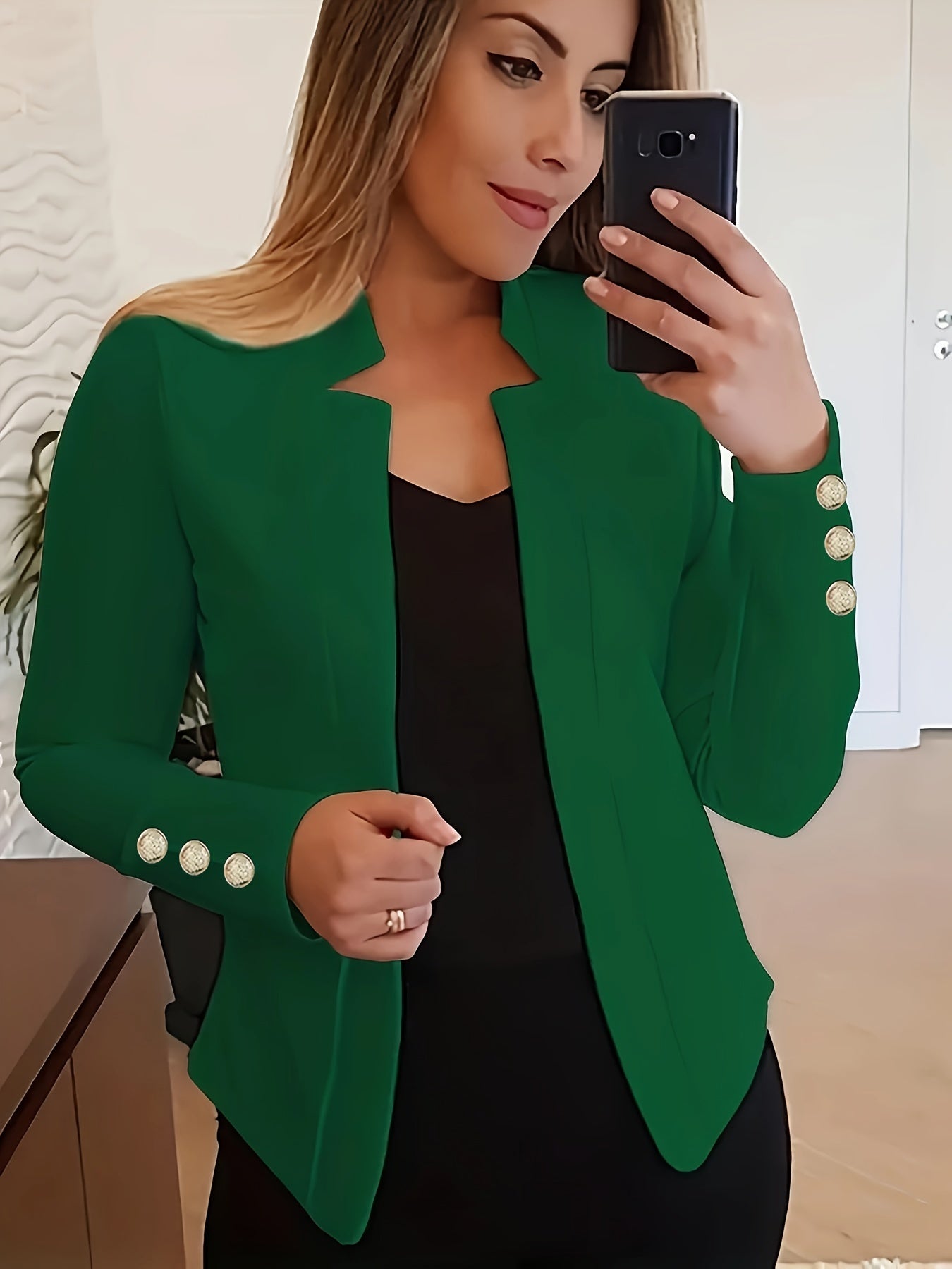 Solid Open Front Blazer, Casual Long Sleeve Button Blazer For Office & Work, Women's Clothing