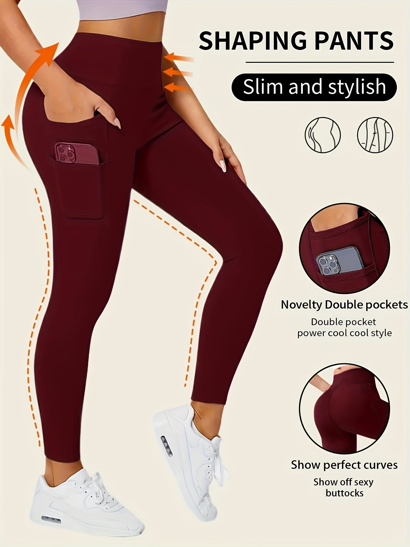 Women'S High-Waisted Shaping Leggings with Double Pockets - Butt-Lifting Design, Maroon Solid Color, Comfortable Stretch Fabric for, & Casual Wear, Leggings, Apparel, Sleek Look, Durable
