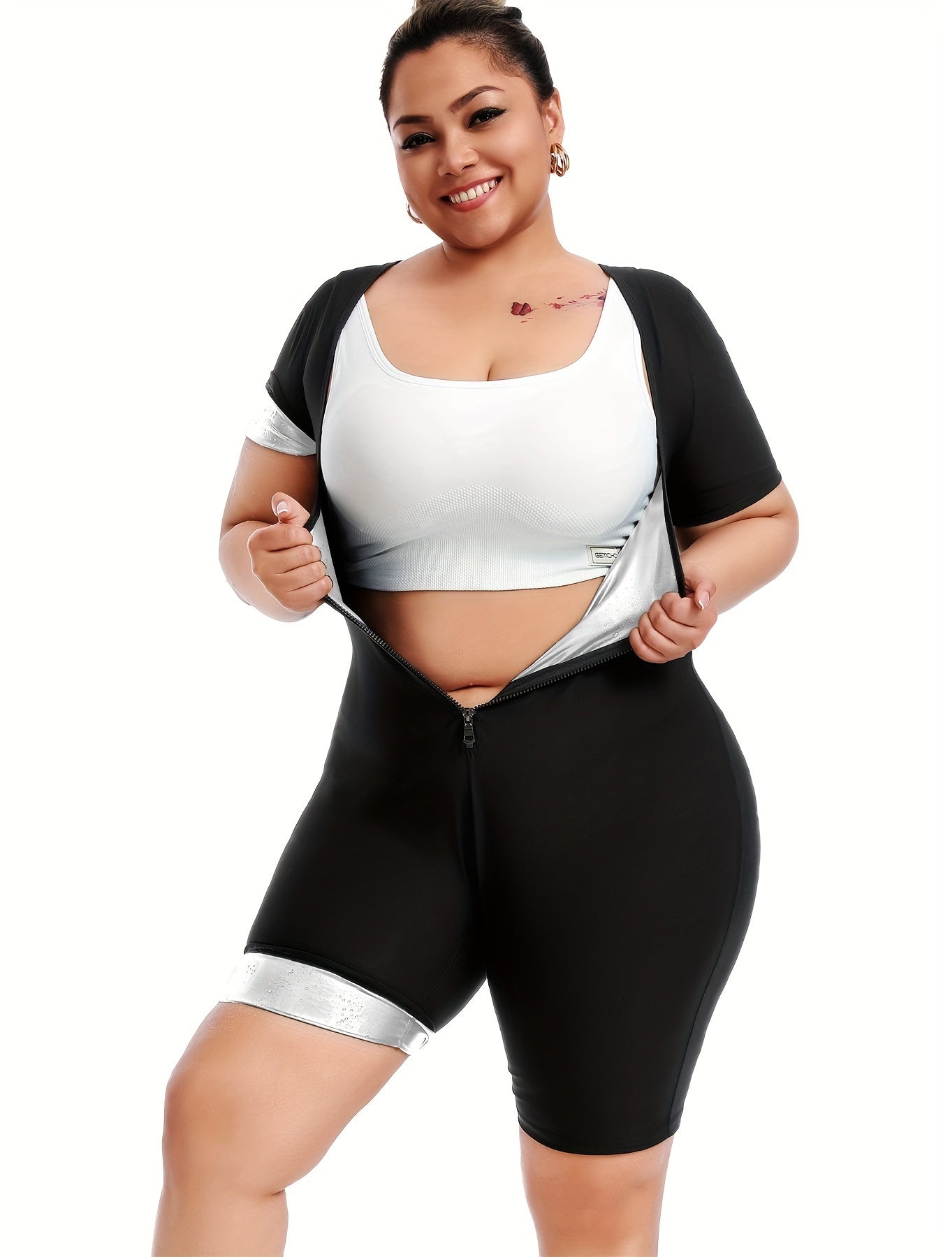 Short-sleeved Plus-size Women's Bodysuit With Zipper For Sweating During Running, Fitness, Yoga, Body Shaping, Waist Slimming, And Hip Lifting.