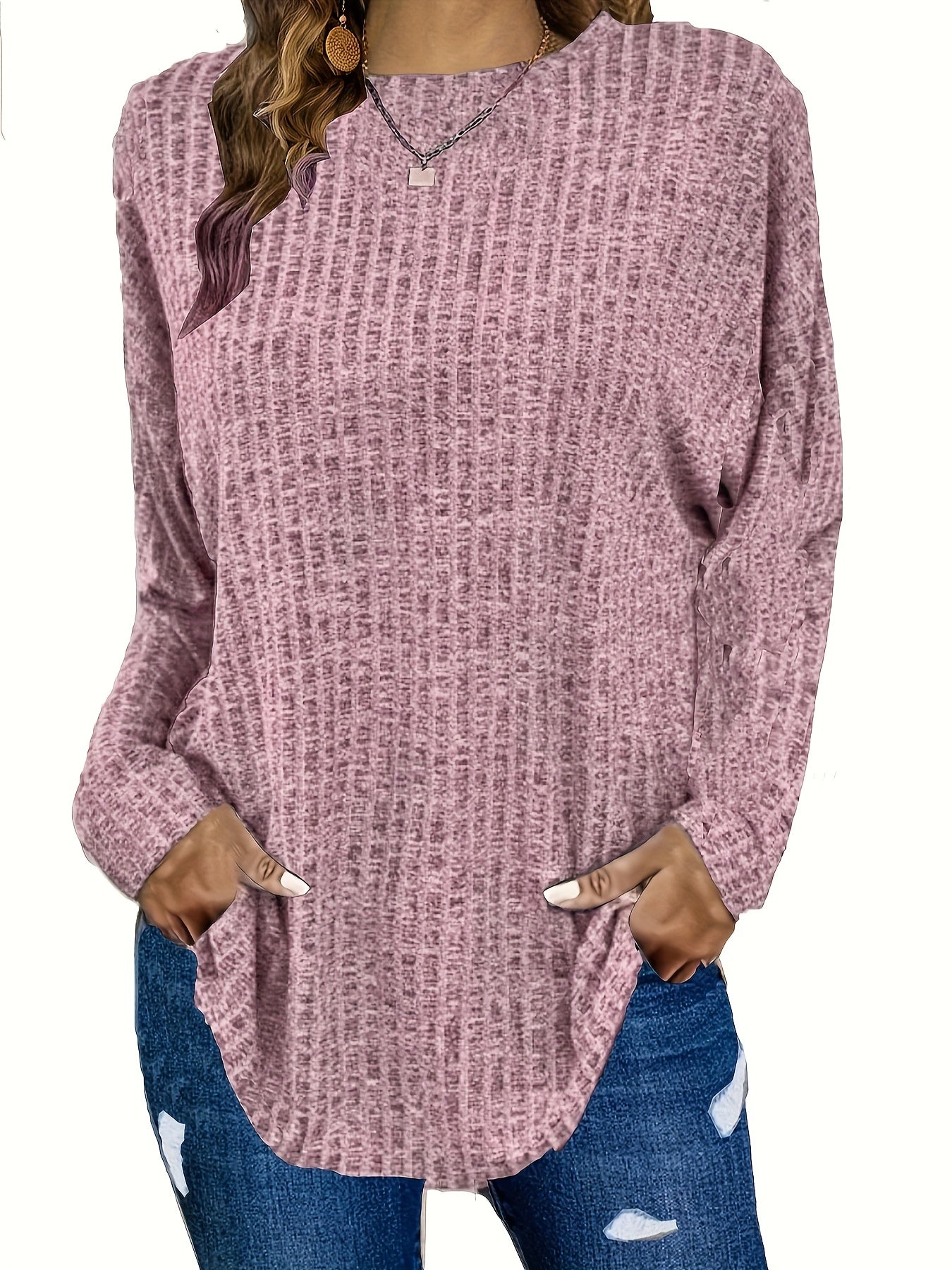 Women's Plus Size Casual Pullover Sweater - Solid Color Drop Shoulder Long Sleeve Round Neck Top, Medium Stretch Cozy Fall Winter Layering Essential, Relaxed Fit for Casual Attire, Sweater, Mediumstretch Fabric