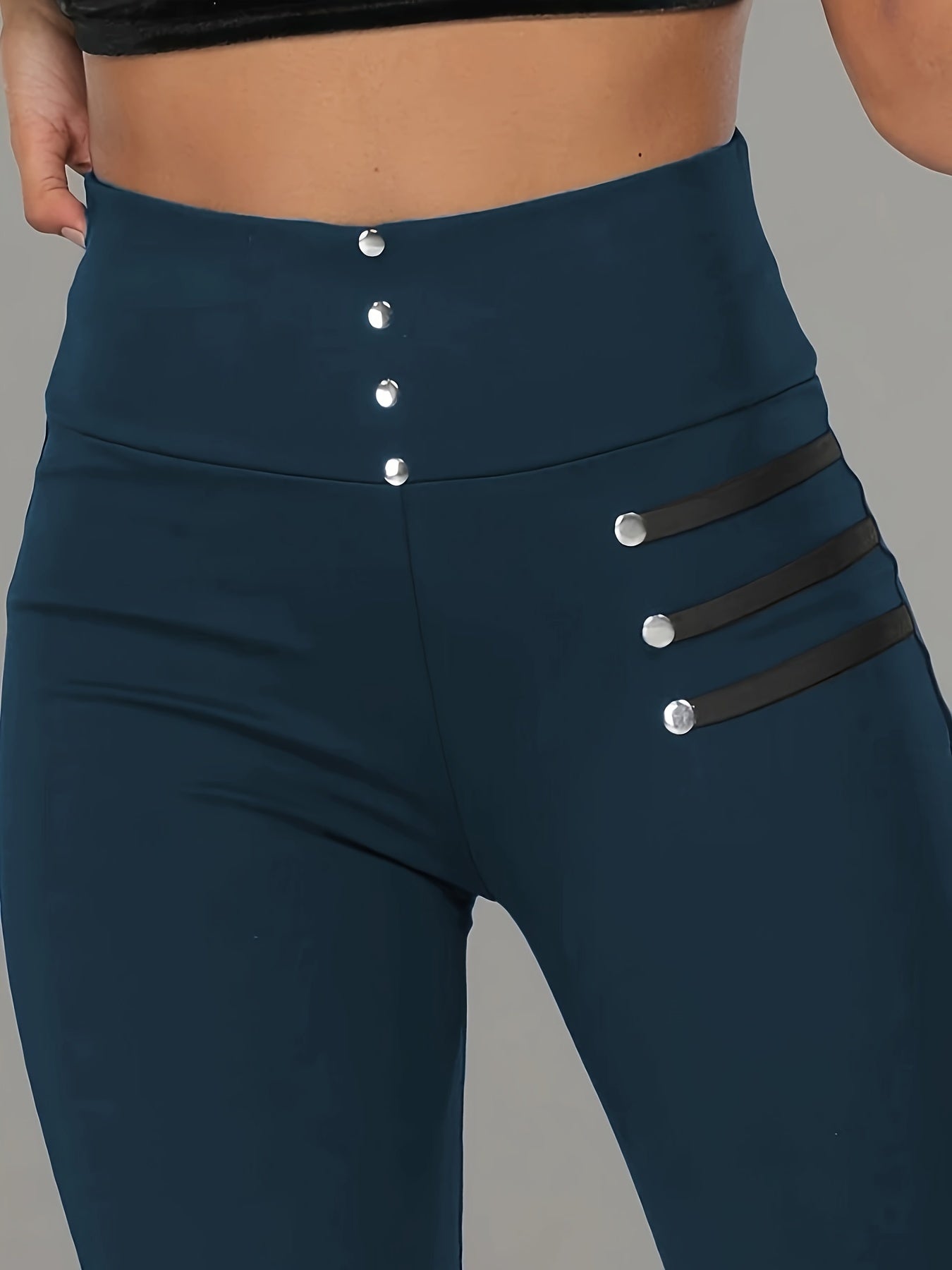 Women's High-Waisted Skinny Casual Pants with Faux Button Detail - Stretchy Polyester, Dark Blue, Machine Washable, Comfort Fit for Casual Attire