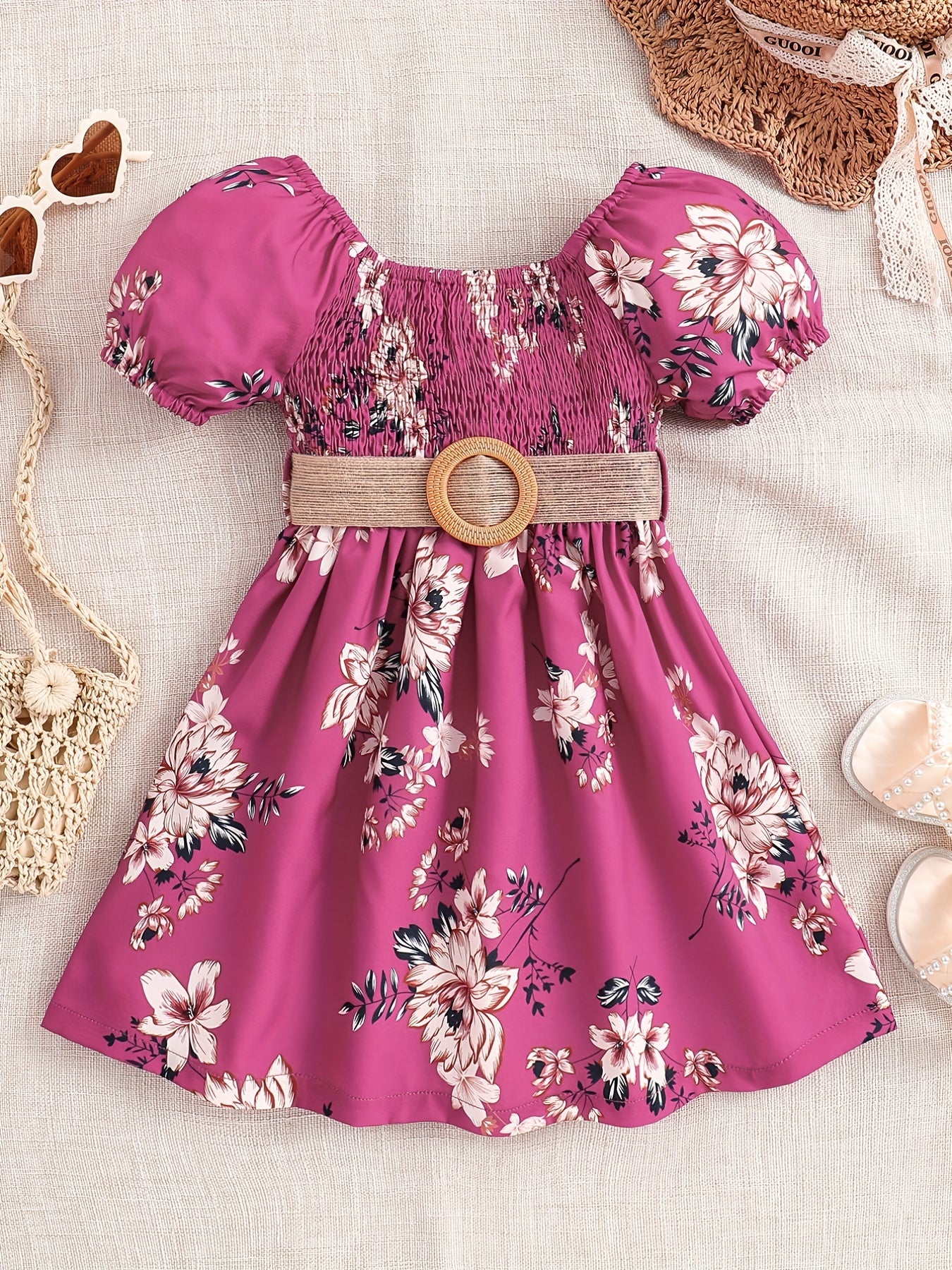 Summer Girls' Casual Floral Print Knee-Length Loose-Fit Dress with Ruffled Hem and Belt - Lightweight Woven Fabric, Short Sleeve, Perfect for Outdoor Play and Daily Wear, Summer Dresses for Girls, Playtime Fashion, Nontransparent Fabric