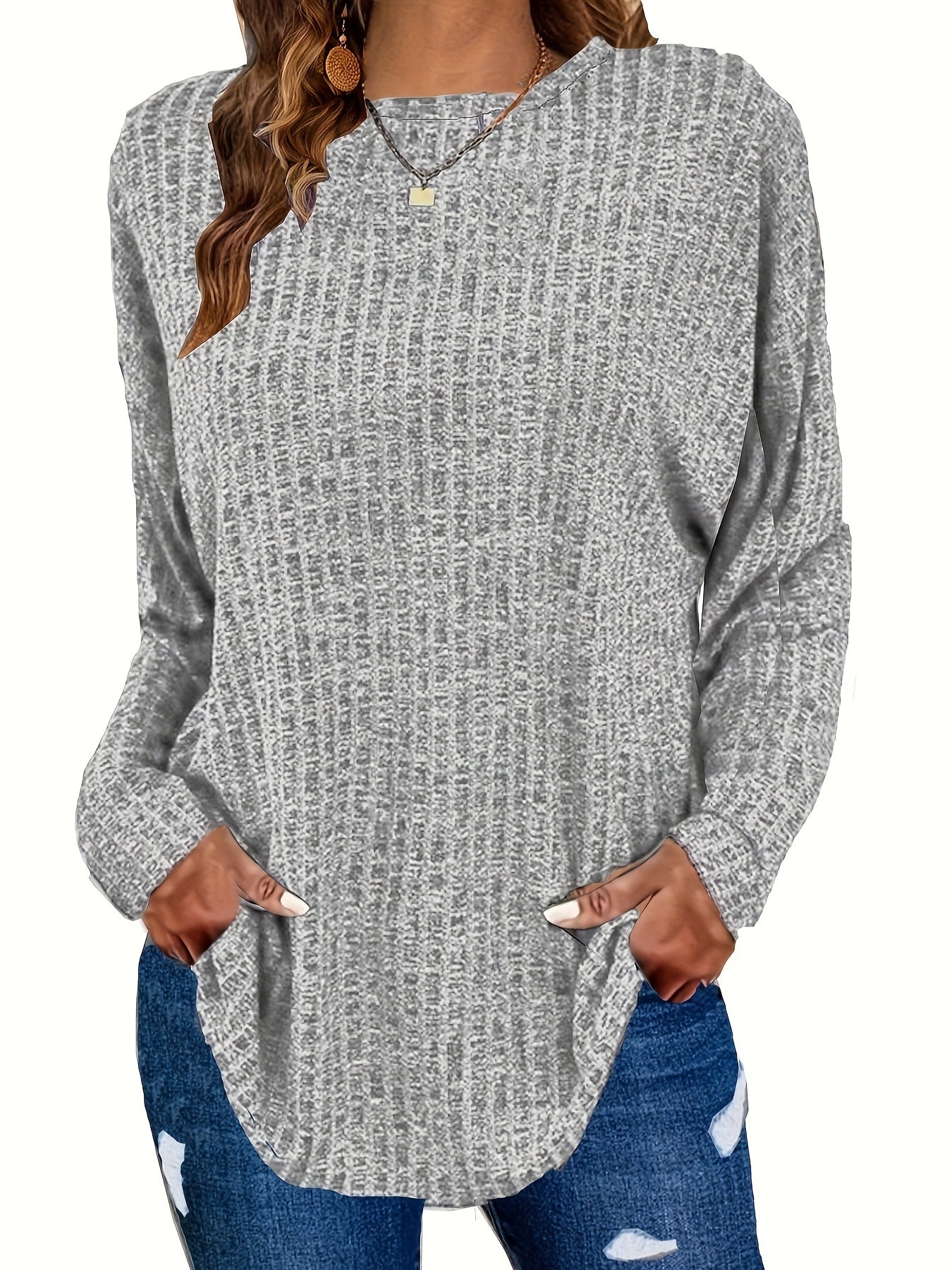 Women's Plus Size Casual Pullover Sweater - Solid Color Drop Shoulder Long Sleeve Round Neck Top, Medium Stretch Cozy Fall Winter Layering Essential, Relaxed Fit for Casual Attire, Sweater, Mediumstretch Fabric