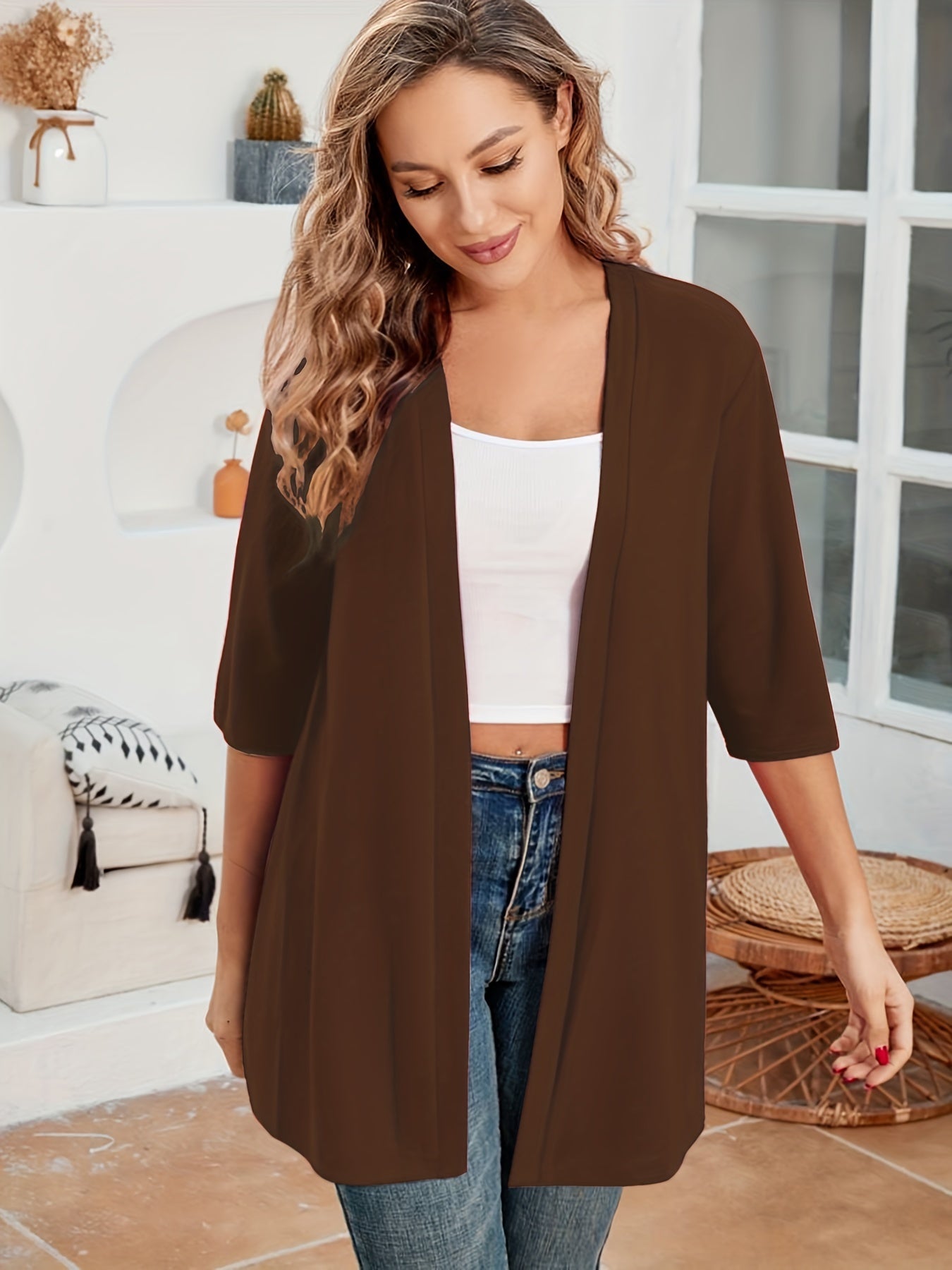 Elegant Plus Size Women's Cardigan - Chic Solid Color, Half Sleeve, Open Front with High Stretch Fabric, Perfect for Fall/Winter - Machine Washable, Plus Size Cardigan