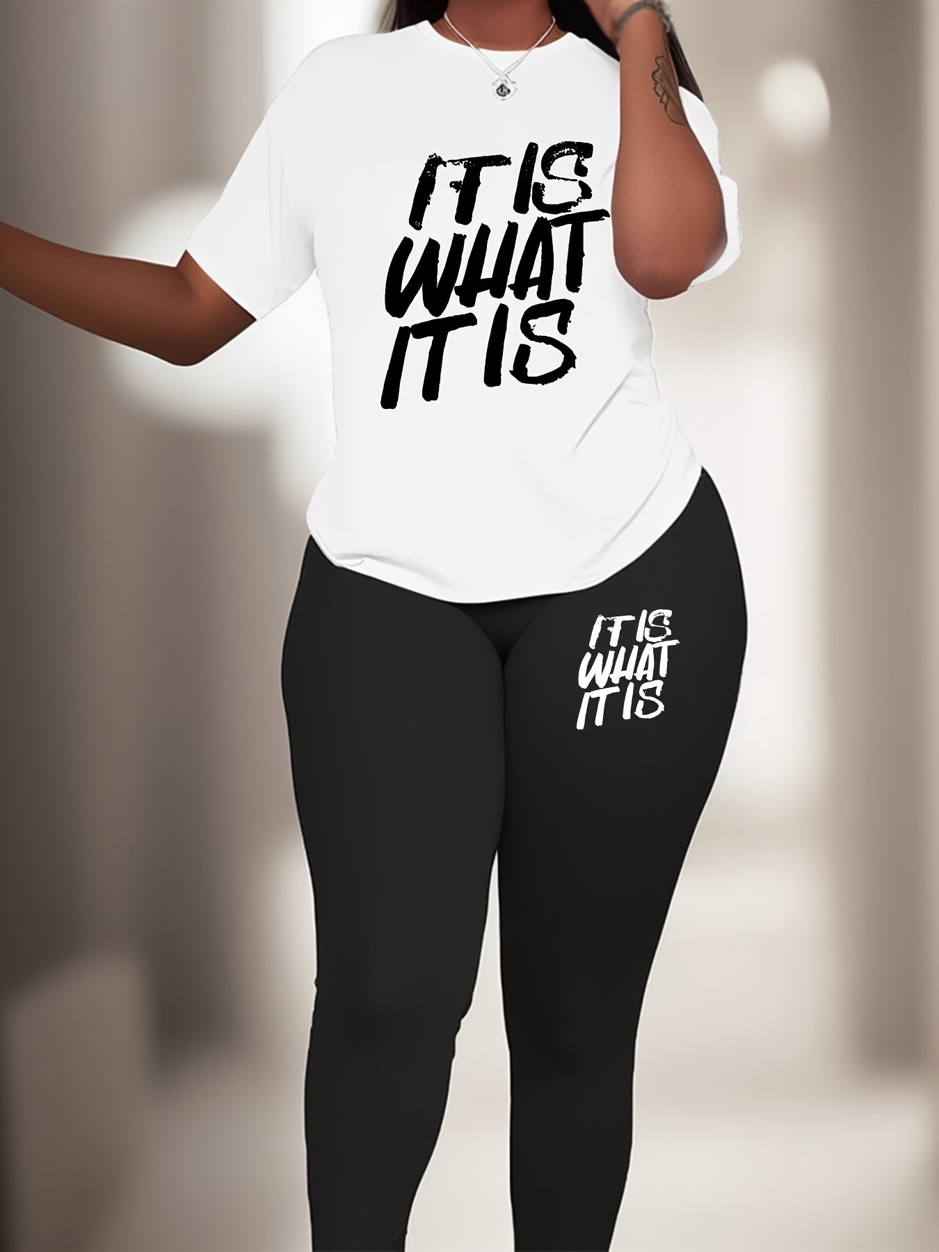 Plus Size Slogan Print Sports Set - Crew Neck Polyester Knit Fabric with Elastane, Medium Stretch Activewear Lash Set