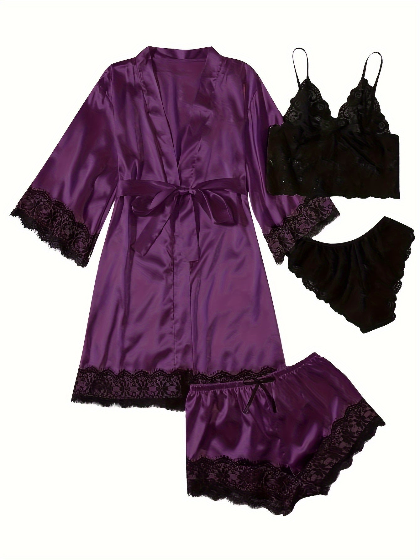 Elegant Satin Contrast Lace Lounge Set, Three Quarter Sleeve Robe With Belt & Cami Bra & Panty & Elastic Shorts, Women's Loungewear