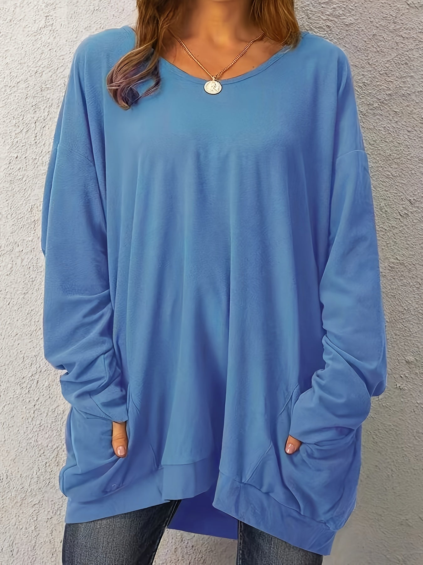 Women's Elegant Long Sleeve Casual Dress with Large Pockets - Solid Black Round Neck Machine Washable Spring/Fall Versatile Wardrobe Staple, Spring Fall Clothing, Long Sleeve Design, Comfortable