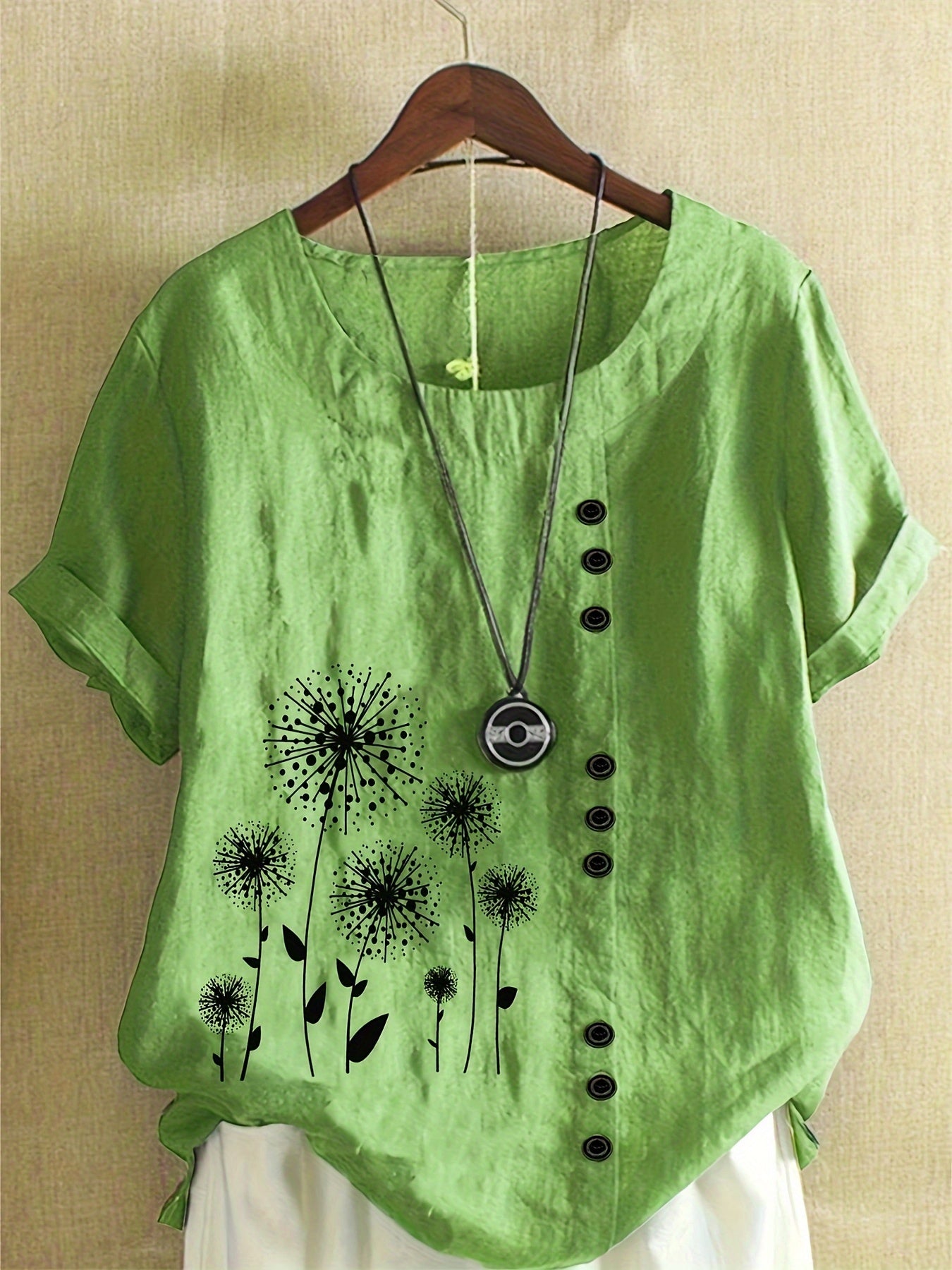 Plus Size, Women's Mint Green Floral Dandelion print Blouse - Loose Fit Plus Size Tops with Button-like details, Lightweight Non-Stretch Shirt for Everyday & Formal Outfits - Machine Washable Casual Women's Clothing, Seasonal Fashion, Round Neckline, Easy