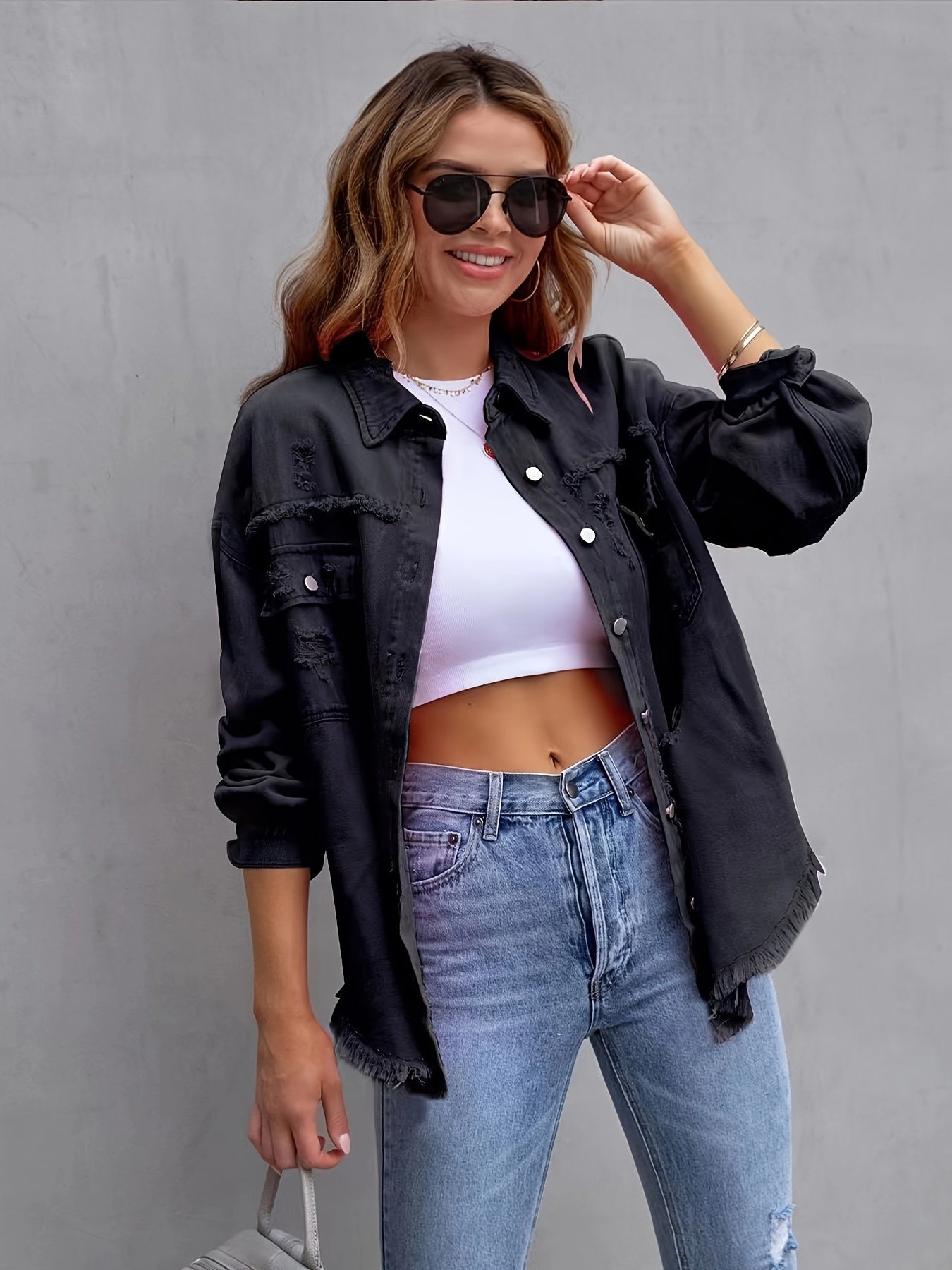 Women'S Plus Size Boho-Chic Denim Jacket with Distressed Details - Light Blue Oversized Button-Up Outerwear, Long Sleeves, Frayed Hem, Casual Style for All Seasons, Casual Outerwear | Frayed Hem Jacket | Frayed Hem Jacket